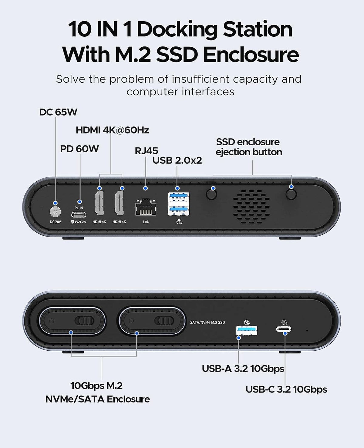 USB-C DOCKING STATION 10IN1 DUAL HDMI 4K DUAL SSD M.2 PD60W Manufacturer Orico