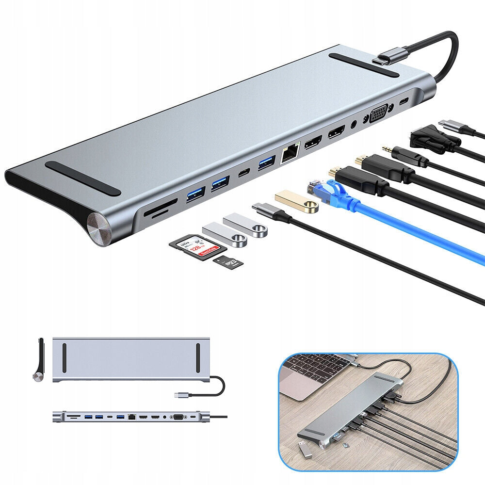 USB-C HUB Docking Station for Laptop 12in1 USB 3.0 HDMI 4K LAN alu 100W