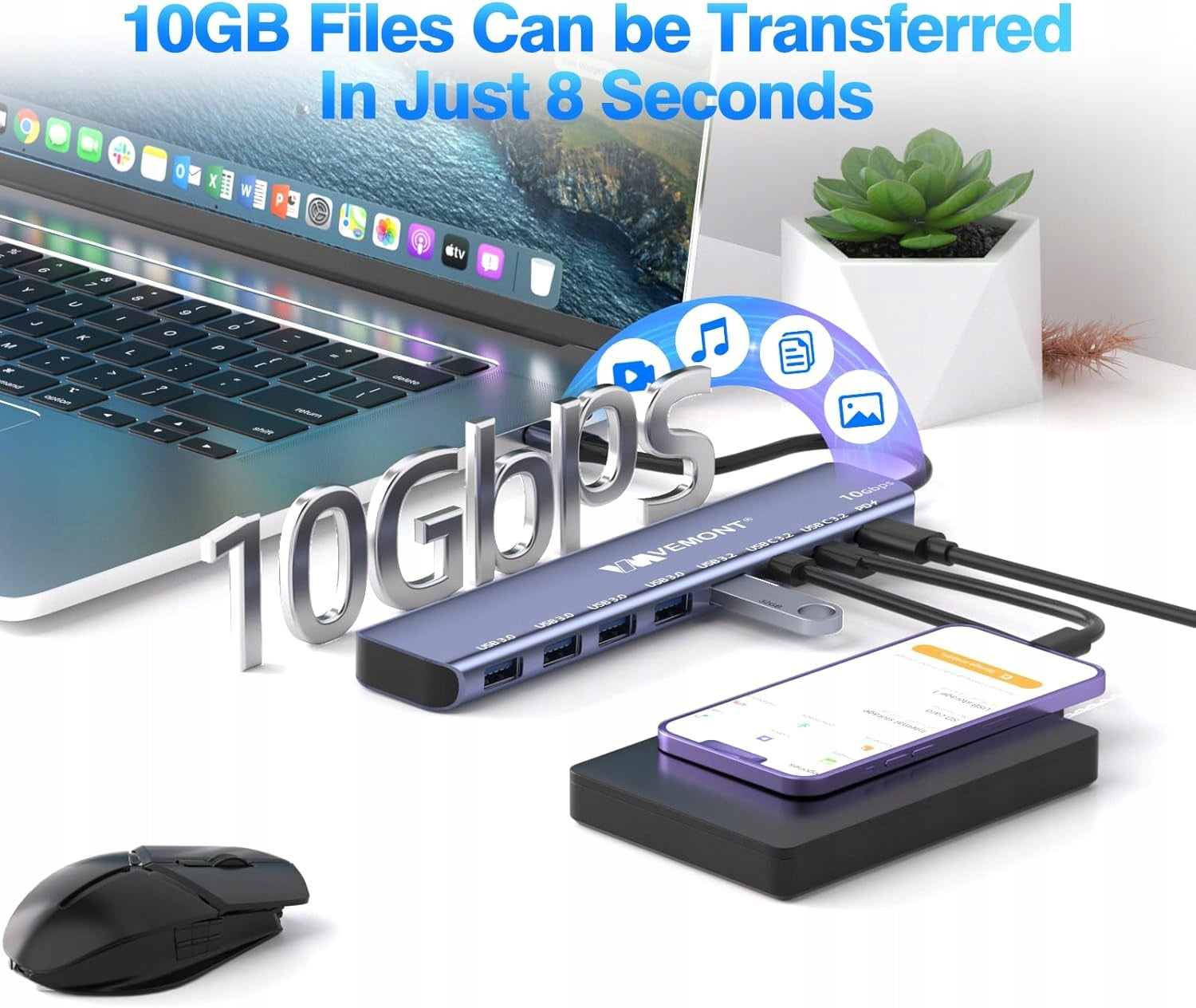 USB-C Hub VEMONT 7in1 10 Gbps with PD 100W Charging, USB Hub Manufacturer Vemont