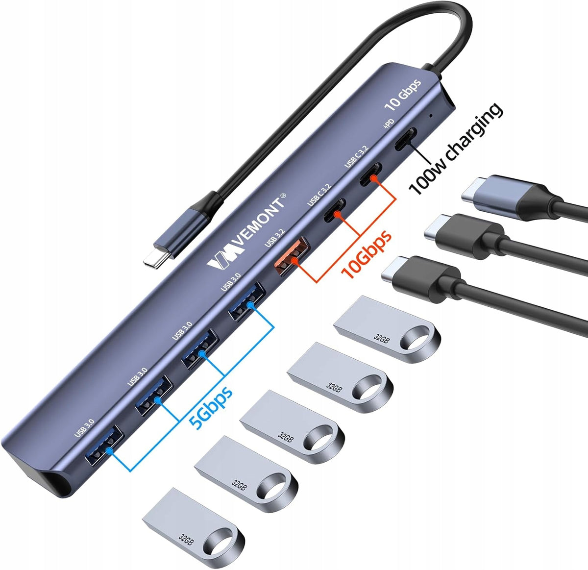 USB-C Hub VEMONT 7in1 10 Gbps with PD 100W Charging, USB Hub Manufacturer code 6918199201242