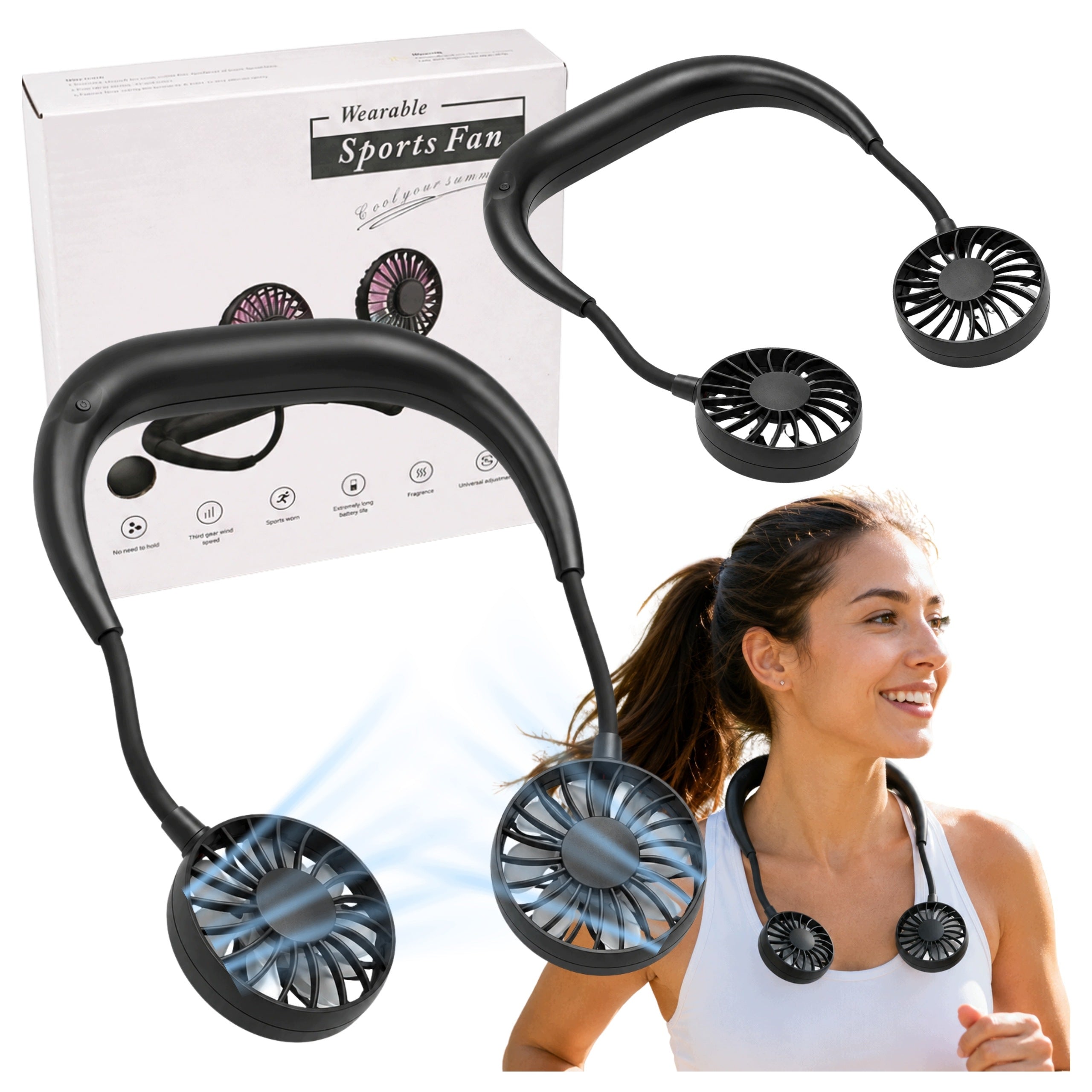 USB Neck Fan Flexible For Running Black 3 Speeds
