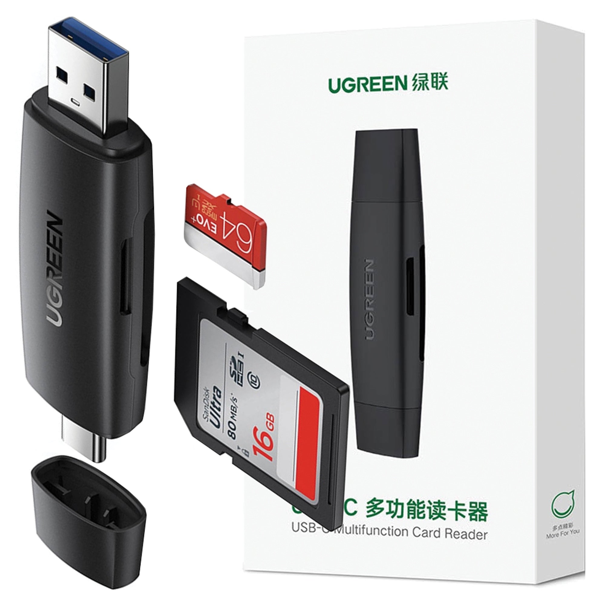 USB + USB-C adapter UGREEN CM304 SD card reader + microSD (black)
