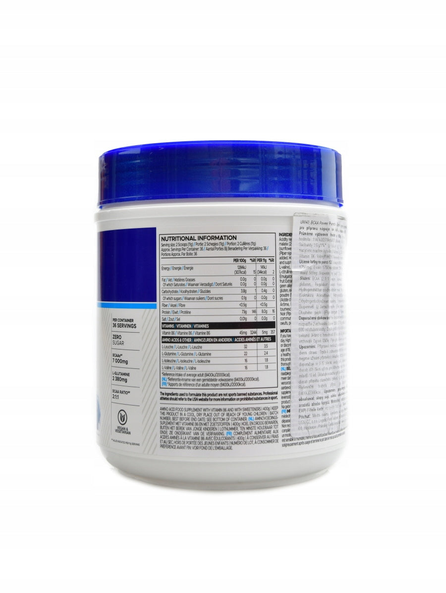 USN BCAA+ Power Punch 400g Modrá malina Expiration date at least six months from the date of purchase