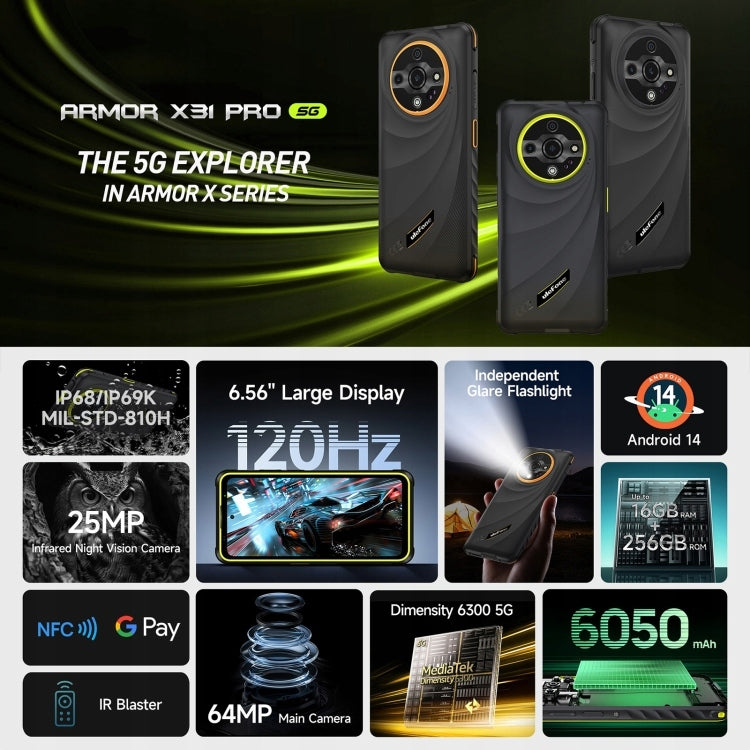 Ulefone Armor X31 Pro 5G,8GB+256GB,IP68/IP69K,6.56 inch Android 14 yellow Brand Ulefone