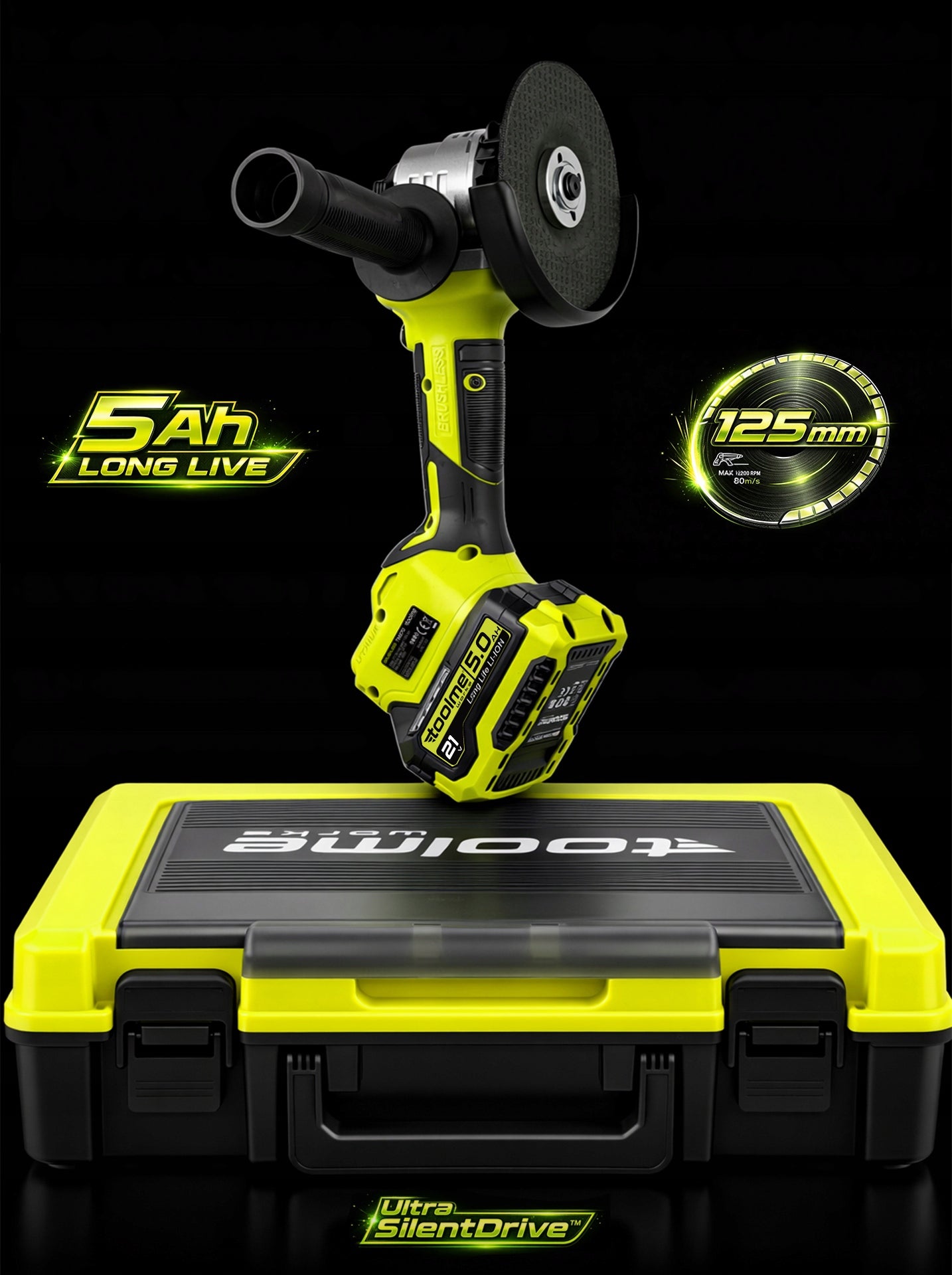 Ultra Quiet Cordless Brushless Angle Grinder 5Ah TOOLME tm270 Packaging status original