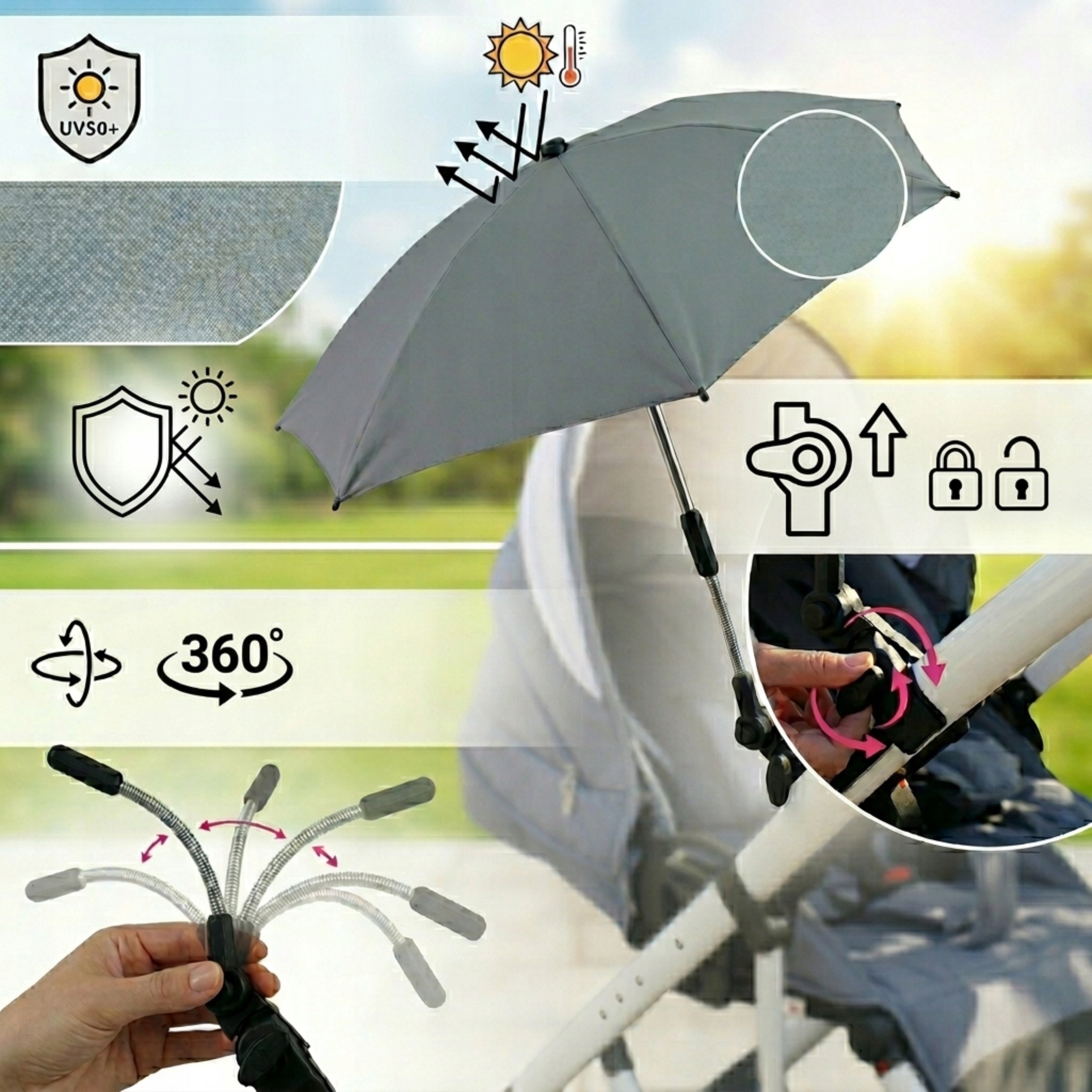 Umbrella for stroller EKO LEATHER Universal Adjustable UV Protection Packaging status original