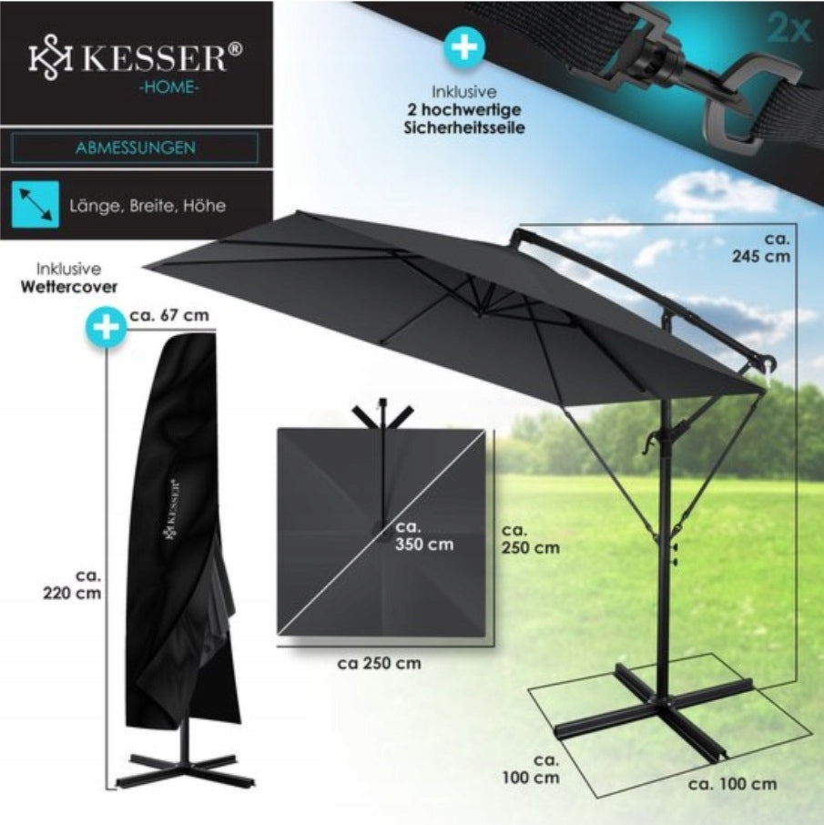 Umbrella with boom grey rectangular sunshade with garden cover Manufacturer KESSER