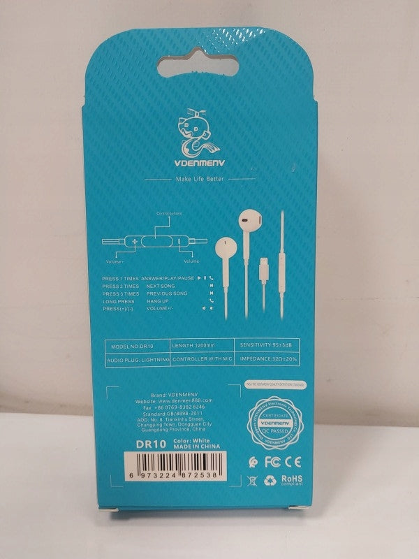 Universal headphones DENMEN DR10 LIGHTNING IPHONE white earbuds Packaging status original