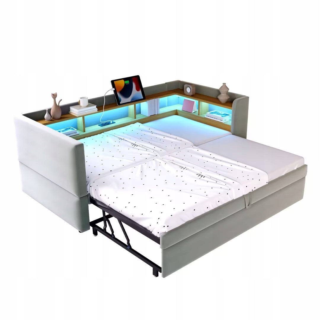 Upholstered bed Sofa bed 90/180*190cm Retractable bed LED grey