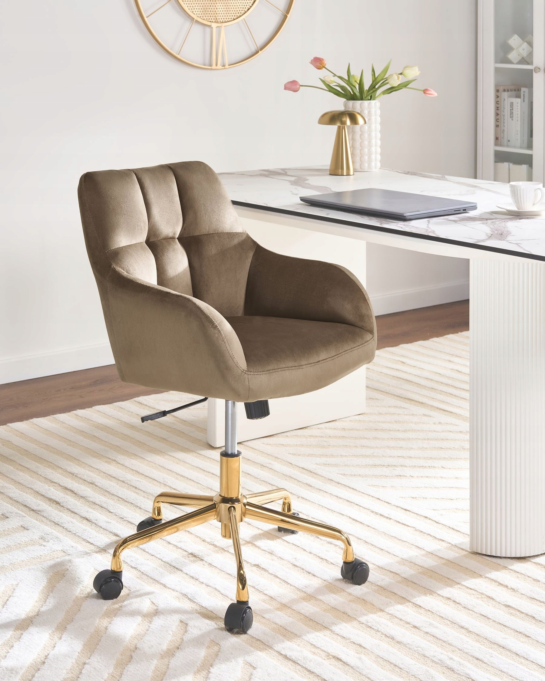 Upholstered office chair metal frame beige and gray height adjustment Packaging status original