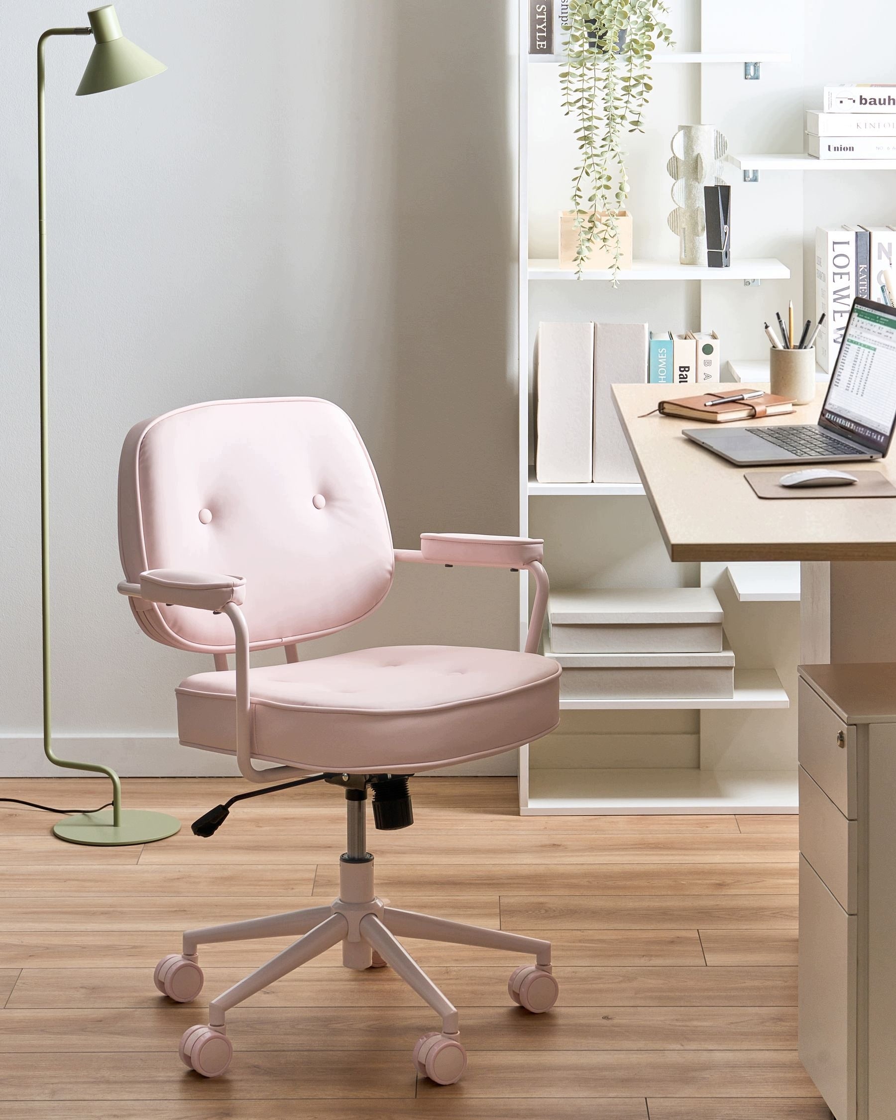 Upholstered office chair metal frame pastel pink Packaging status original