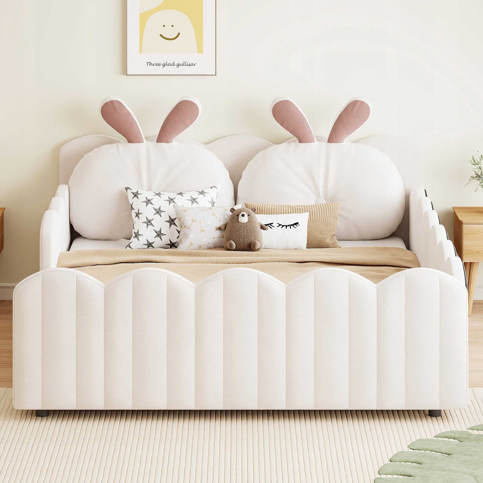 Upholstered platform bed with bunny shaped pillows 140x200 Packaging status original