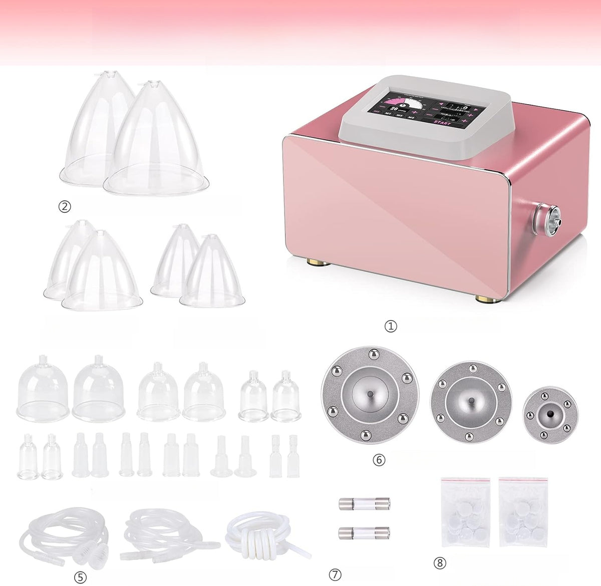 VACUUM MASSAGER ANTI-CELLULITE SET OF 24 CUPS 3 GUA SHA 60cmHg PINK Medical device no