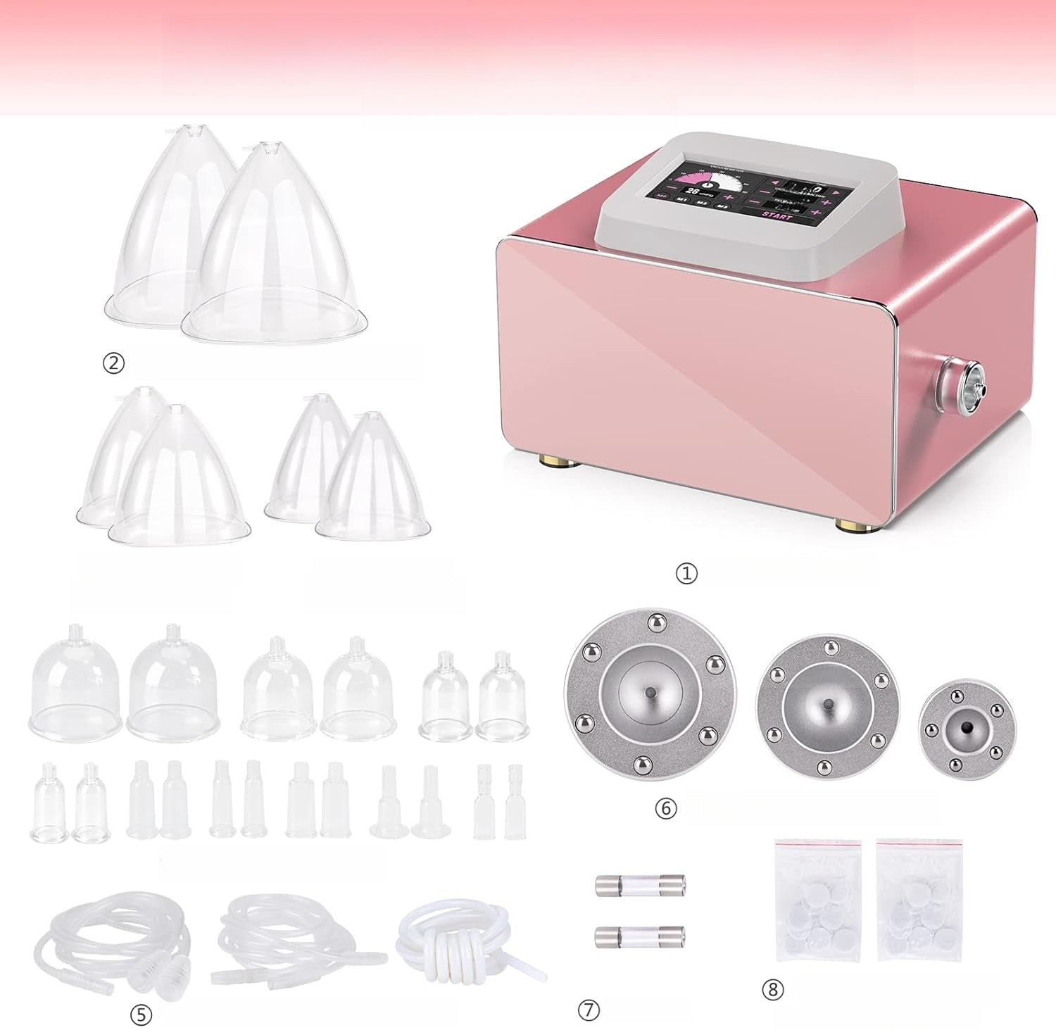 VACUUM MASSAGER ANTI-CELLULITE SET OF 24 CUPS 3 GUA SHA 60cmHg PINK Medical device no