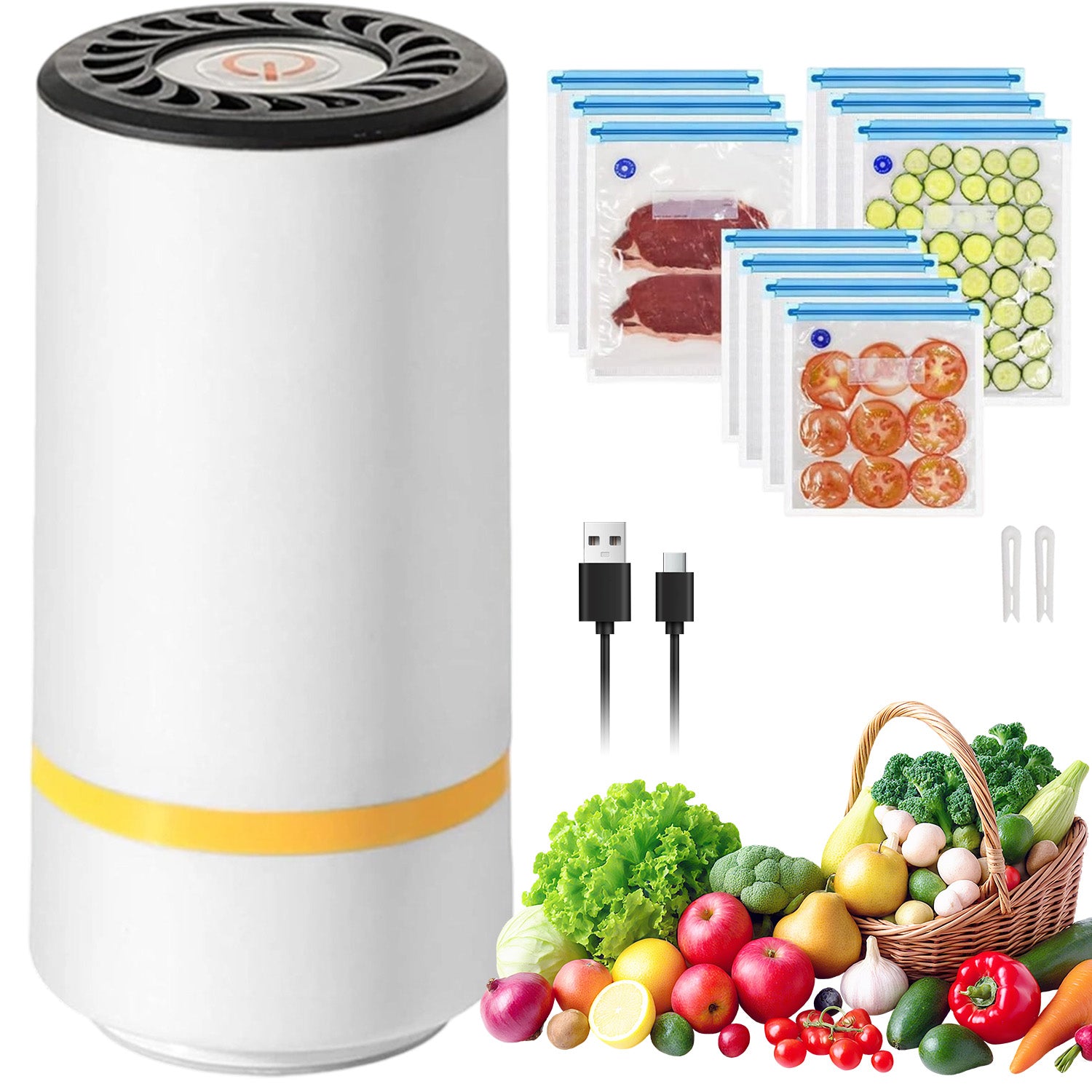 VACUUM PACKER MINI WHITE RECHARGEABLE CLIPS USB POUCHES