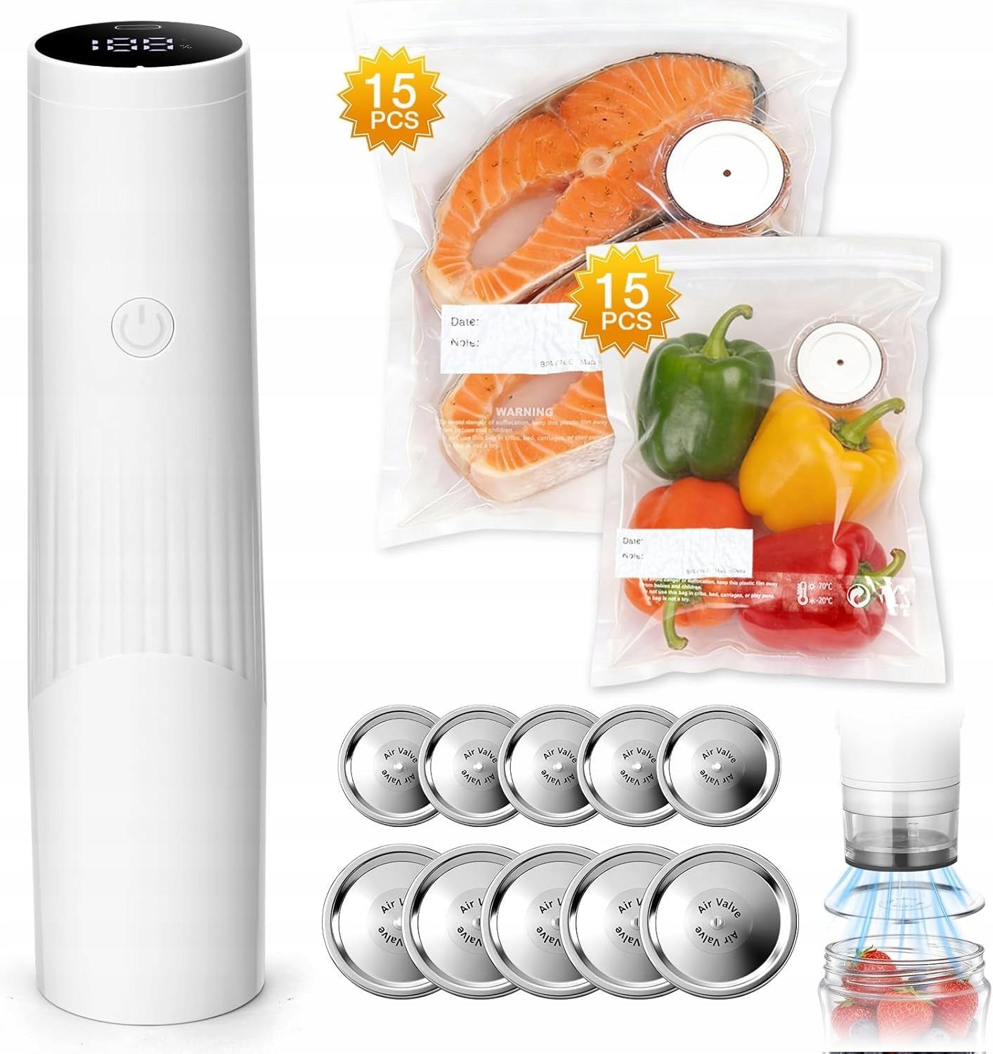 VACUUM SEALER FOOD HAND PACKAGING MACHINE 70Kpa 30 BAGS+10 LIDS