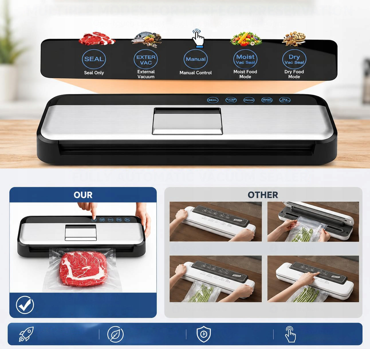 VACUUM WELDING MACHINE FOOD FILM PACKAGING MACHINE 85KPA - 5 MODES Maximum seal width 30 cm