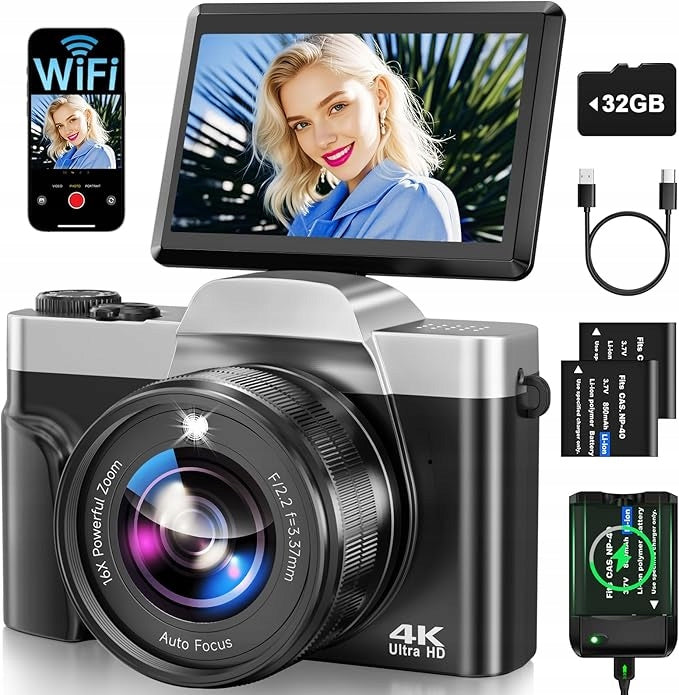 VAHOIALD DC103 Digital Camera 4K 64MP WiFi Screen 3 inch 180 degree