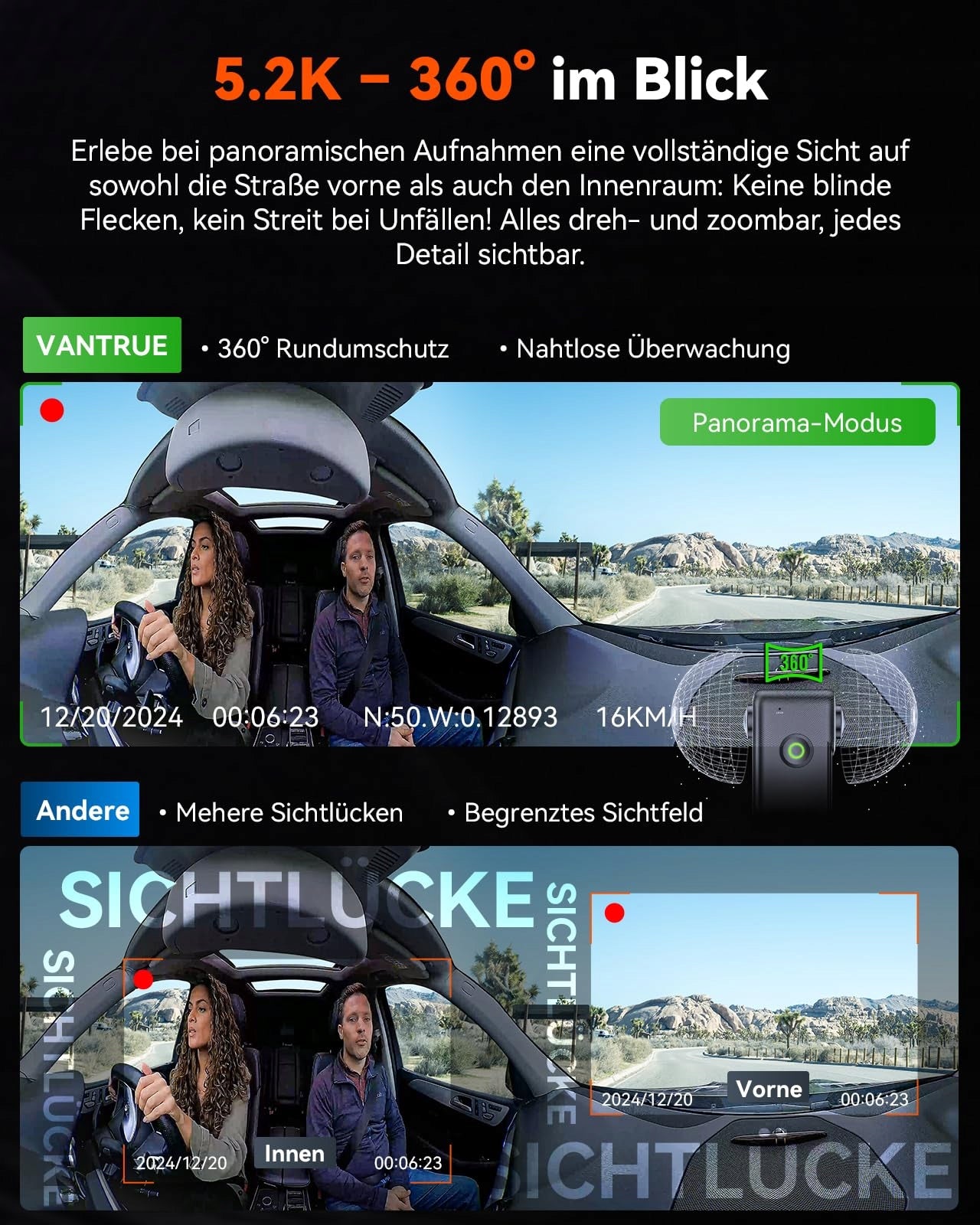 VANTRUE E360 Car Camera 5.2K 360° HDR GPS WiFi Parking Packaging status original