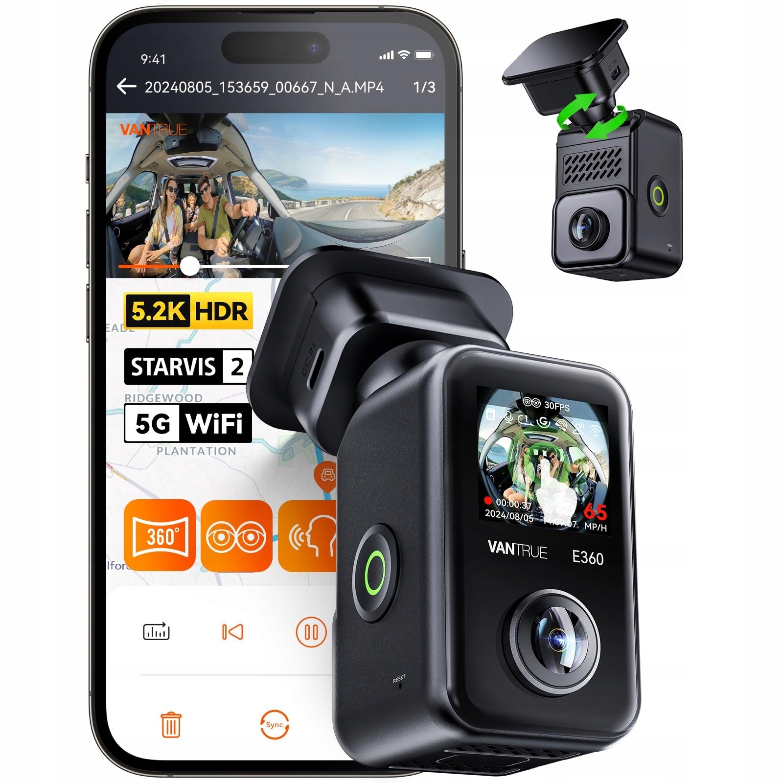 VANTRUE E360 Car Camera 5.2K 360° HDR GPS WiFi Parking