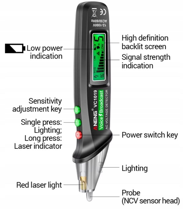 VC1019 Voltage Tester with Sound and Light Alarm 12-1000V NCV Aneng EAN (GTIN) 5905191067793