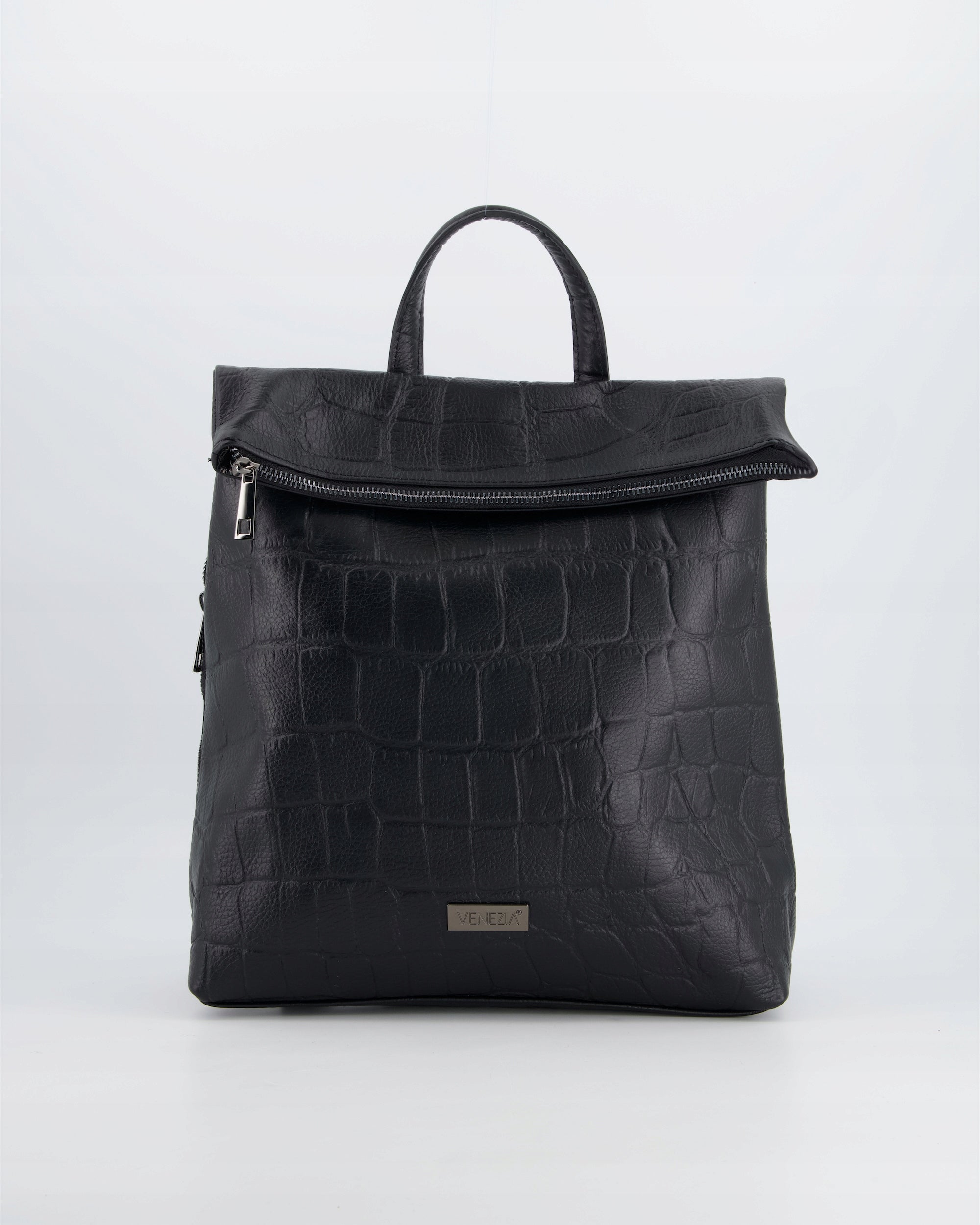 VENEZIA WOMEN'S LEATHER BACKPACK BLACK WITH DECORATIVE EMBOSSING