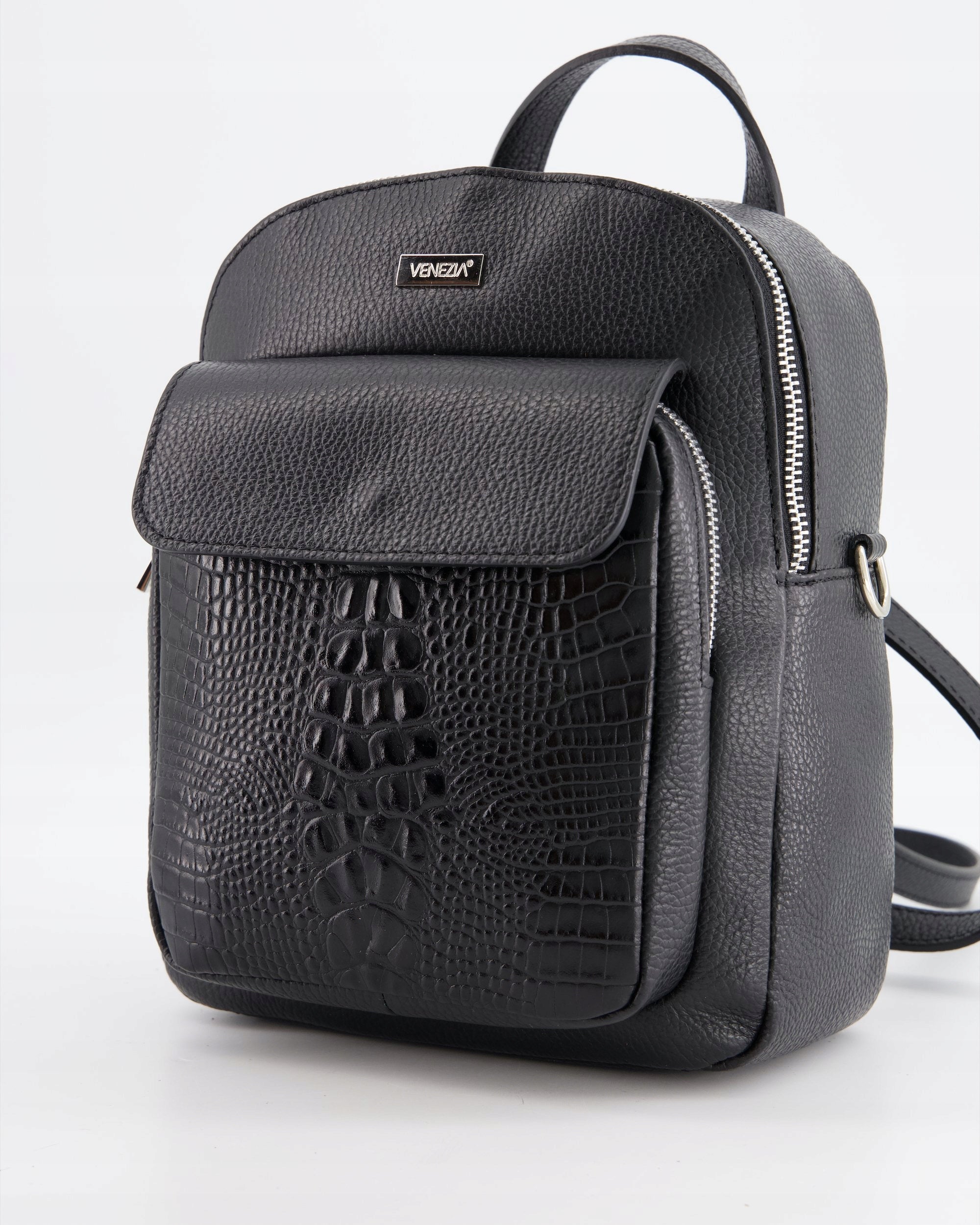 VENEZIA WOMEN'S LEATHER BLACK BACKPACK WITH SILVER DETAILS Brand VENEZIA