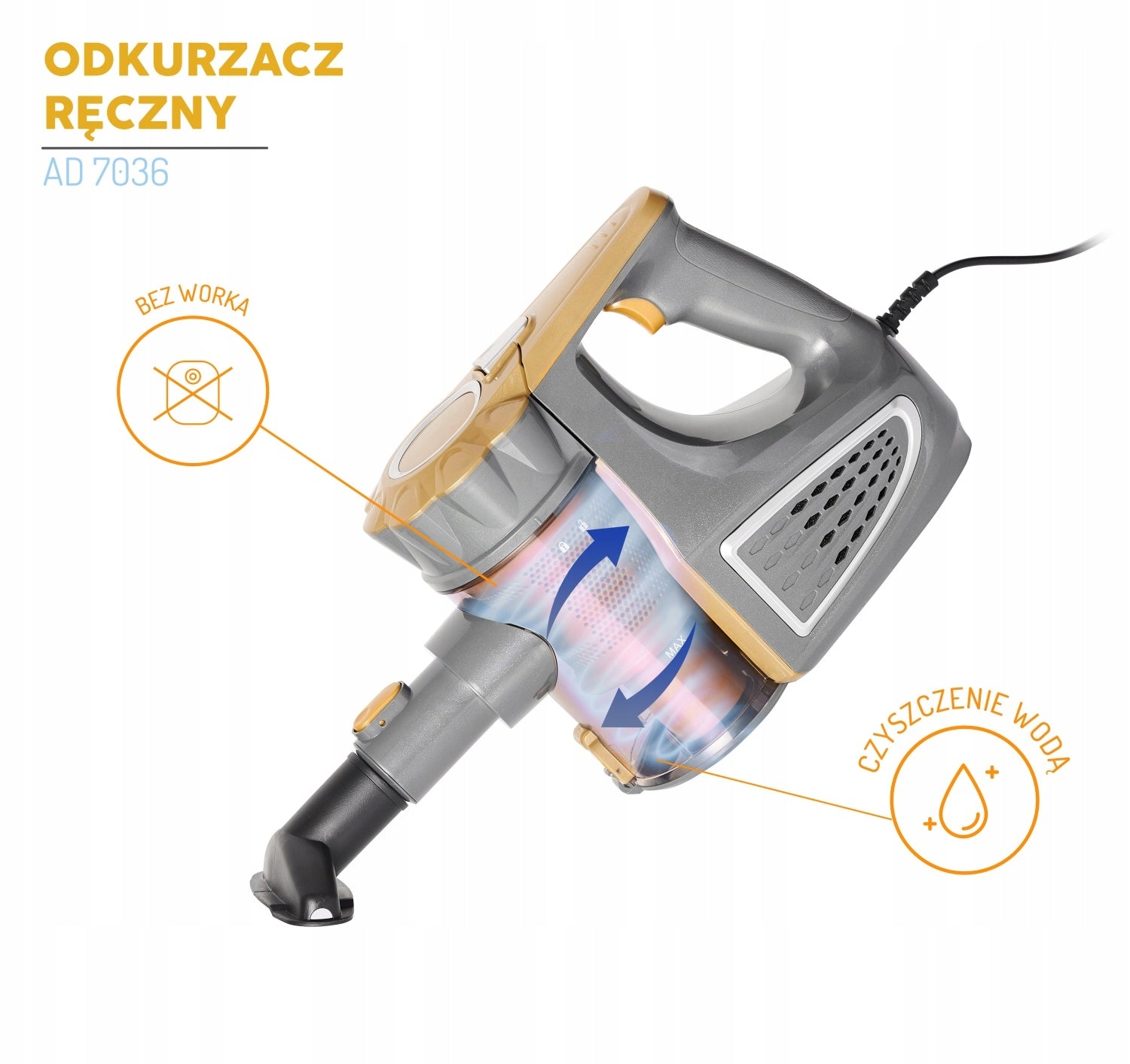 VERTICAL HANDHELD BAGLESS VACUUM CLEANER 2in1 800W STRONG 1,5L LIGHTWEIGHT ADLER Dominant color silver/gray
