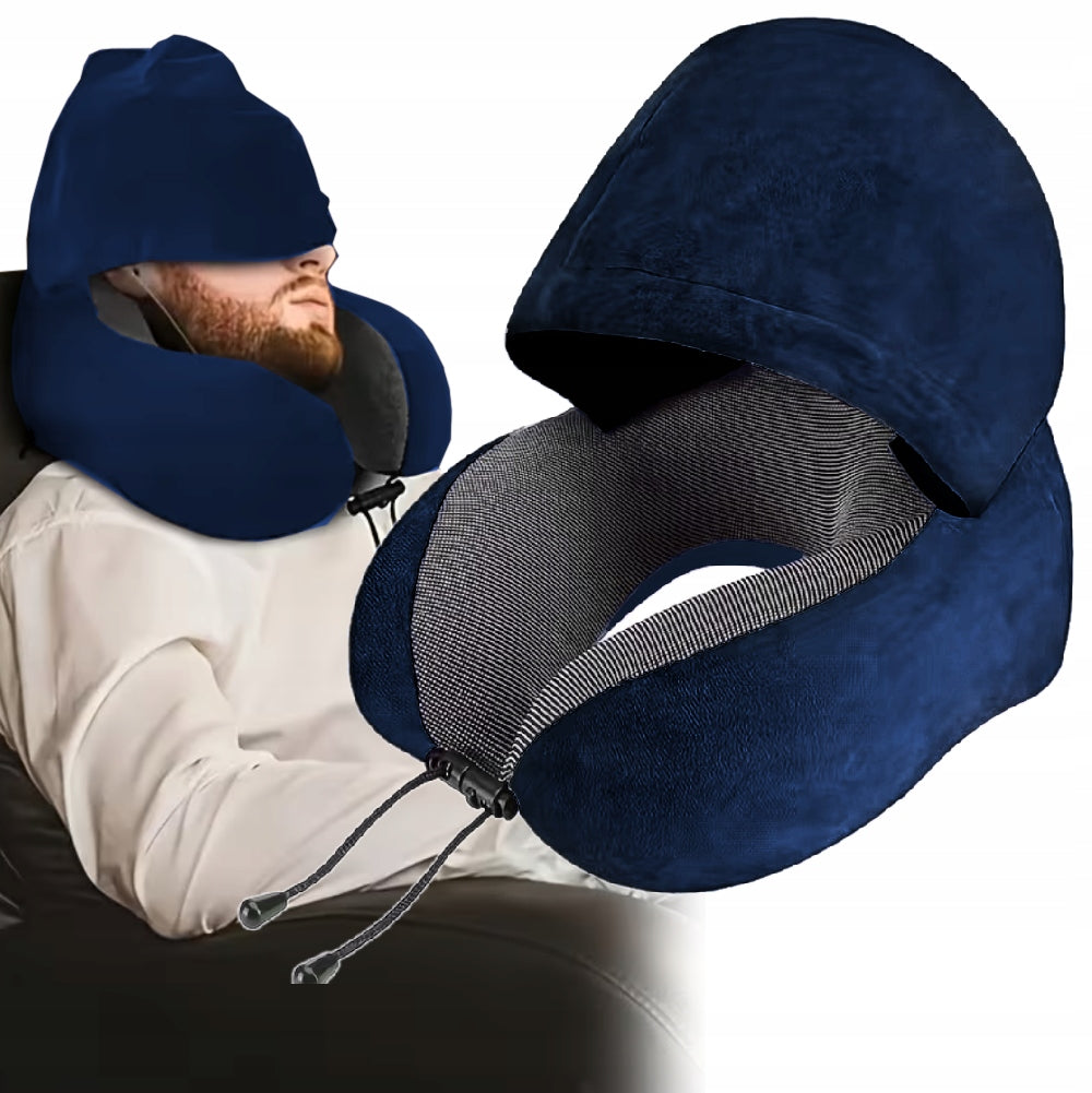 VERY COMFORTABLE CROISSANT TRAVEL PILLOW WITH HOOD FOR CAR AIRPLANE