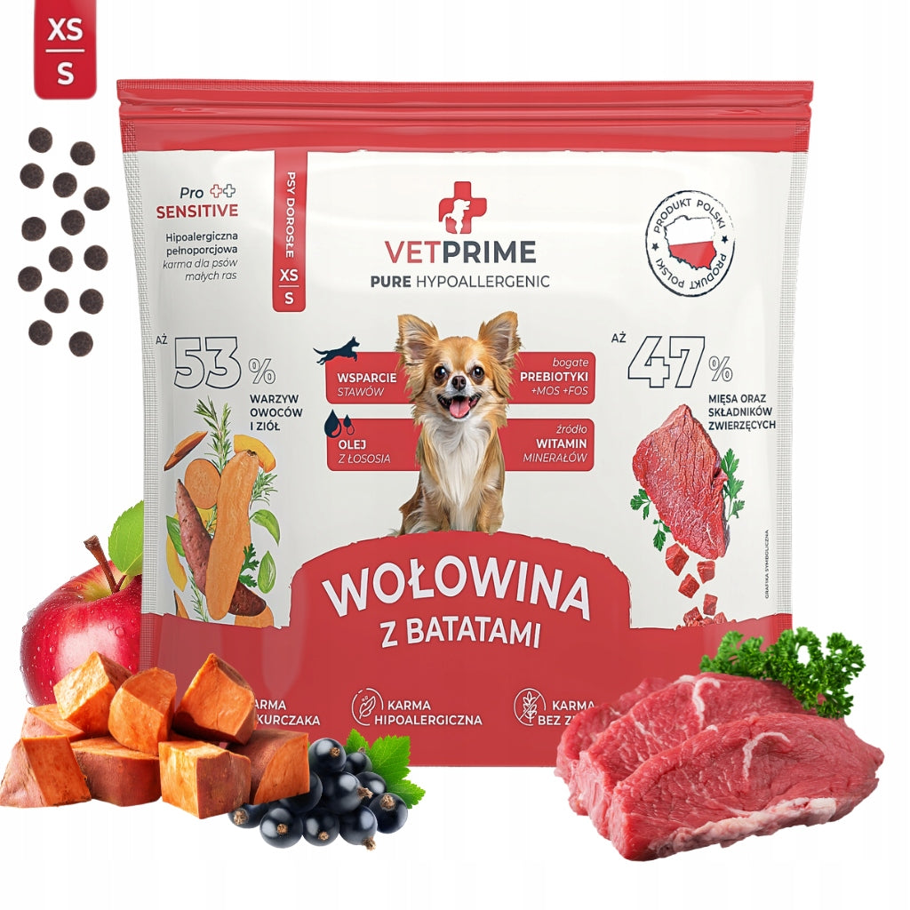 VETPRIME HYPOALLERGENIC MONOPROTEIN BEEF WITH SWEET POTATOES XS/S 2KG