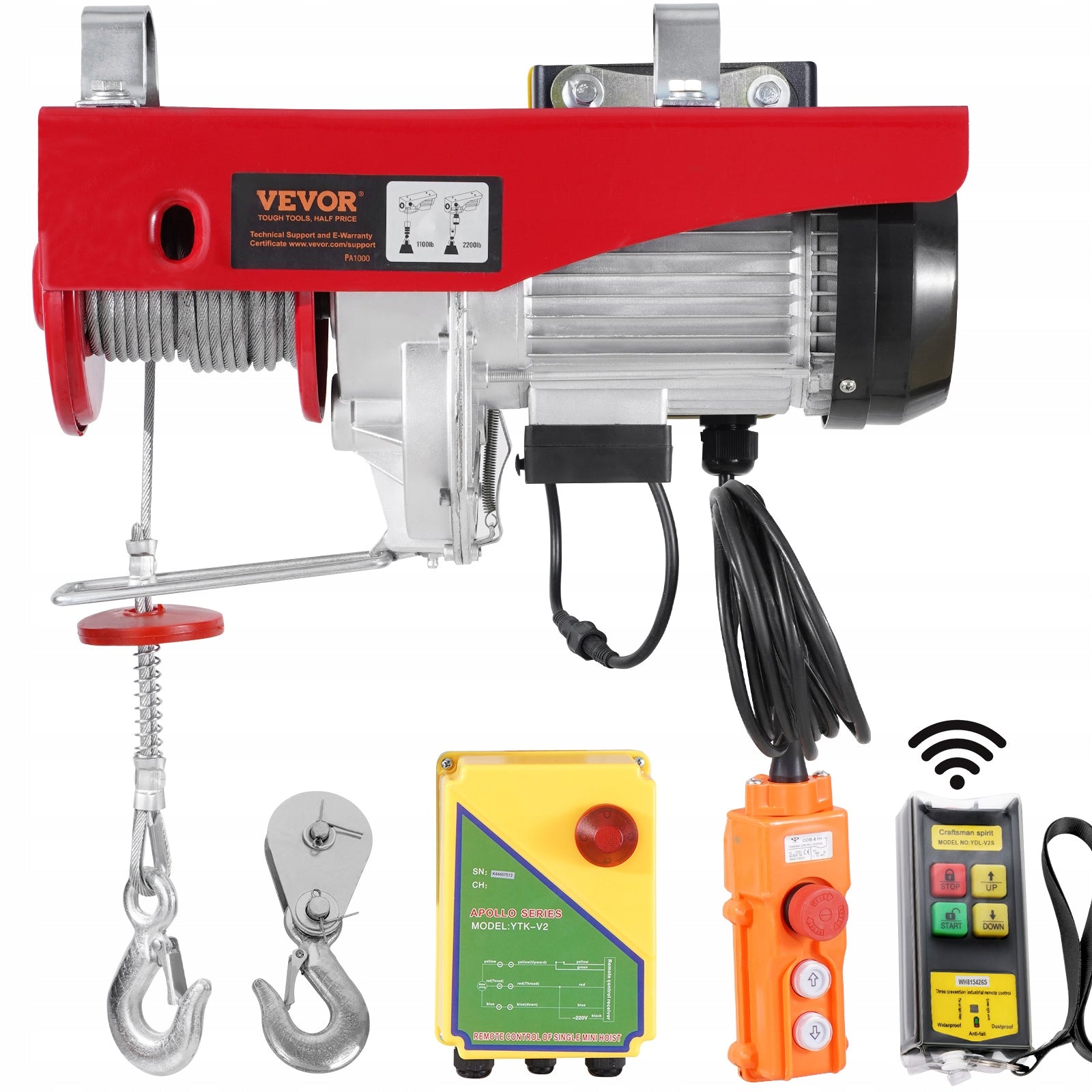 VEVOR Electric Hoist Crane Winch 1000KG Wireless & 14 ft Wired Remote