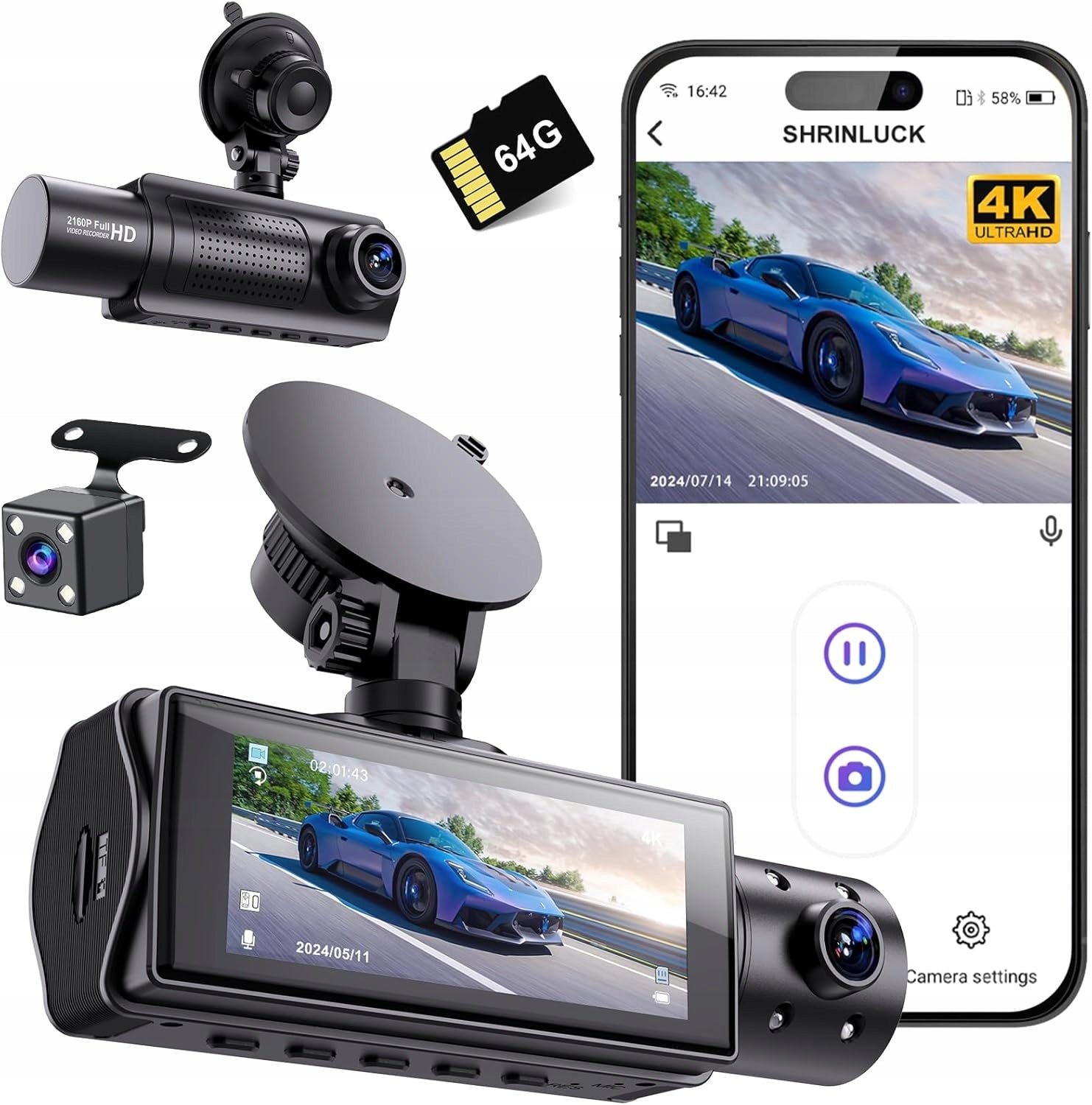 VIDEO RECORDER CAR CAMERA SHRINLUCK X5 FRONT REAR WIFI 4K 360°