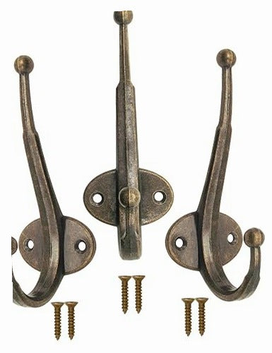 VINTAGE CAST IRON WALL HOOKS OLD BRASS DECORATIVE SET OF 3