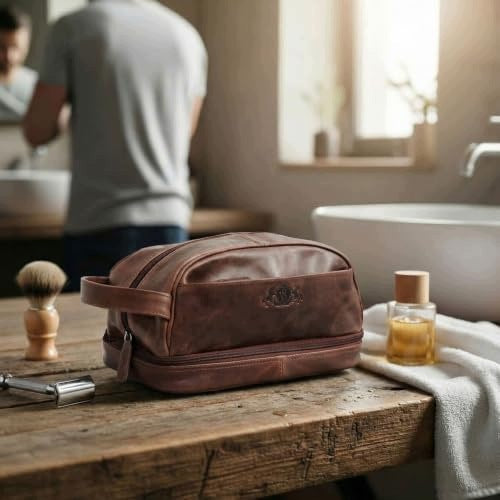 VINTAGE LEATHER COSMETIC BAG BROWN TRAVEL HANDMADE leather Manufacturer code Bez marki