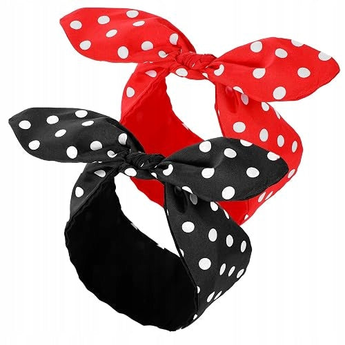 VINTAGE ROCKABILLY HAIRBAND BOW RED BLACK DOTS 2 PCS
