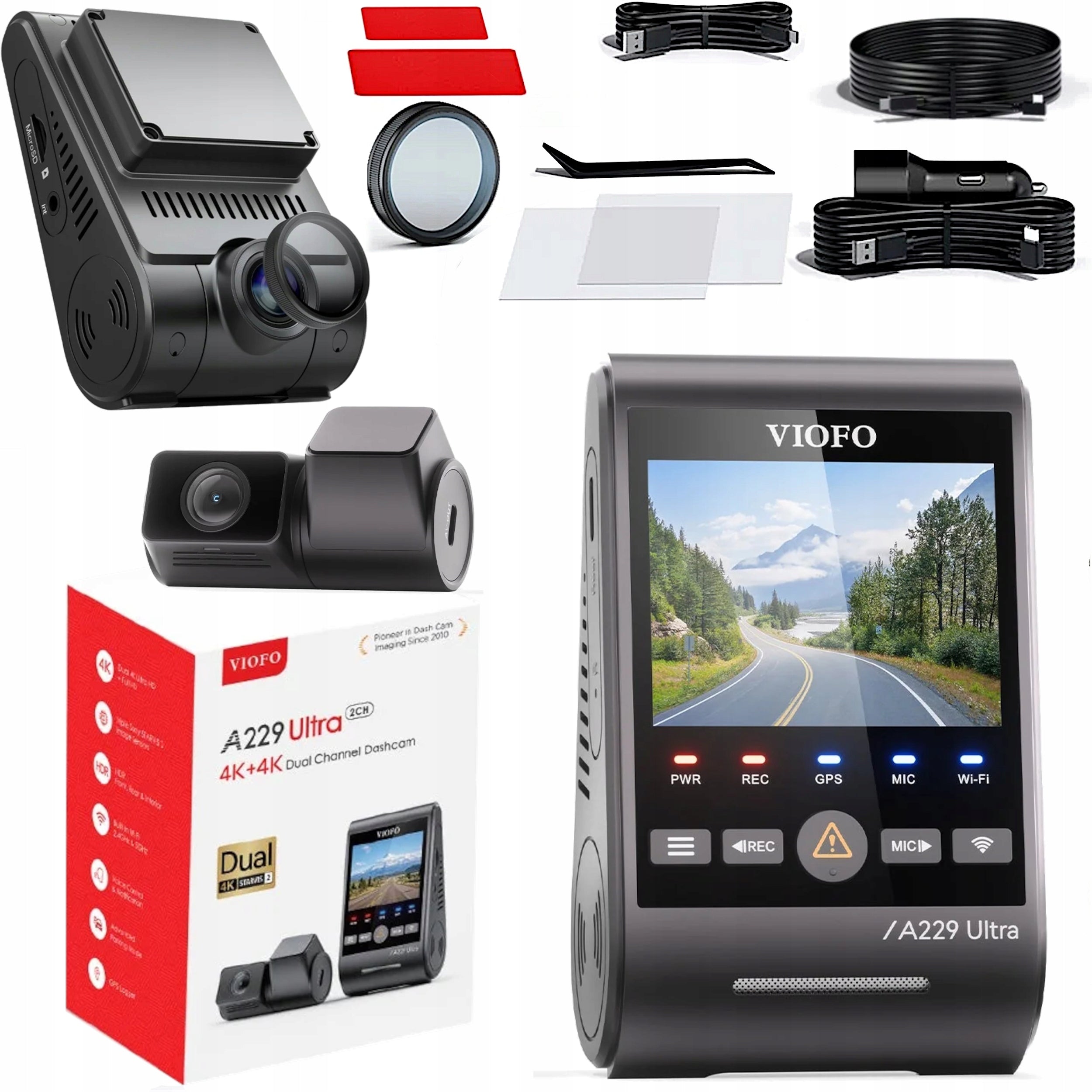 VIOFO A229 Ultra 2CH 4K+4K HDR GPS WiFi Dash Cam with Sony STARVIS 2, Bluetooth, and CPL Filter