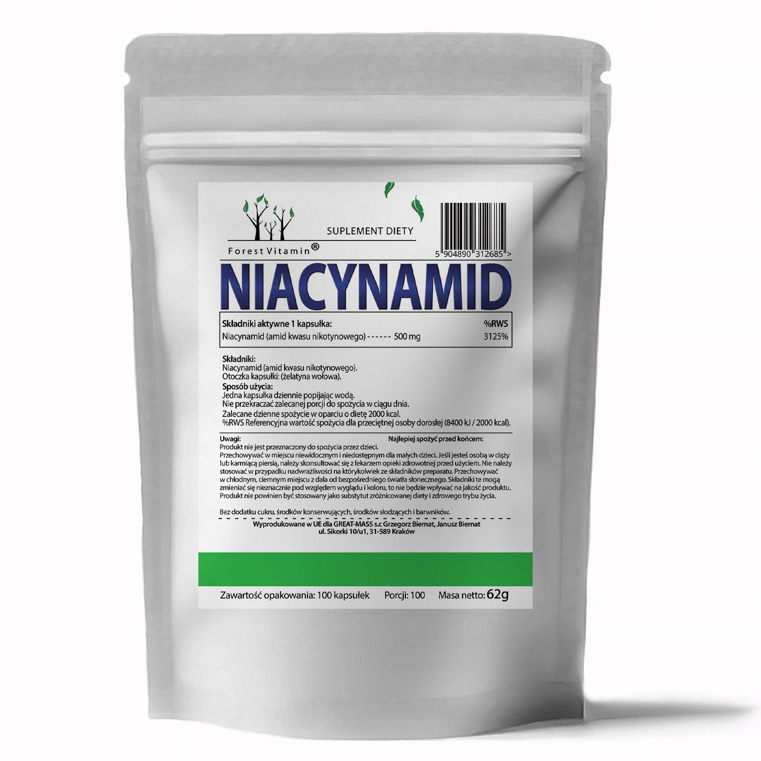 VITAMIN B3 NIACINAMIDE 500 MG – 100 CAPSULES – ENERGY AND SKIN NIACIN Brand Forest Vitamin