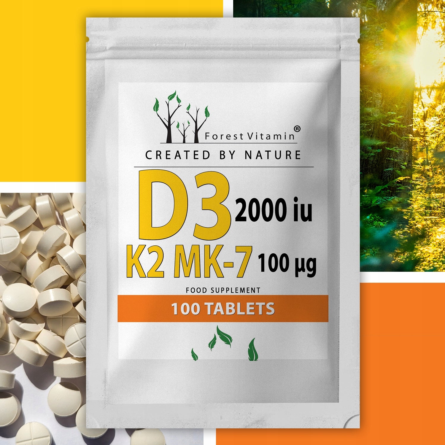 VITAMIN D3 2000 iu+K2 MK-7 100 mcg 100 tab BOOSTS IMMUNITY STRENGTHENS Basic ingredient vitamin D3