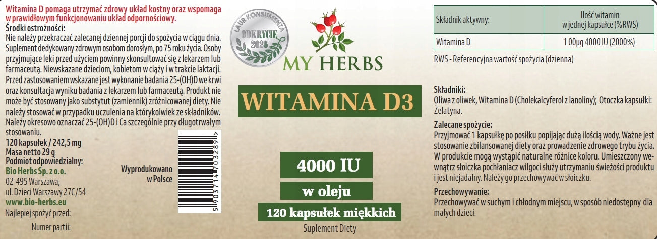 VITAMIN D3 4000 IU IN OIL 120 SOFT CAPSULES Brand Bio Herbs