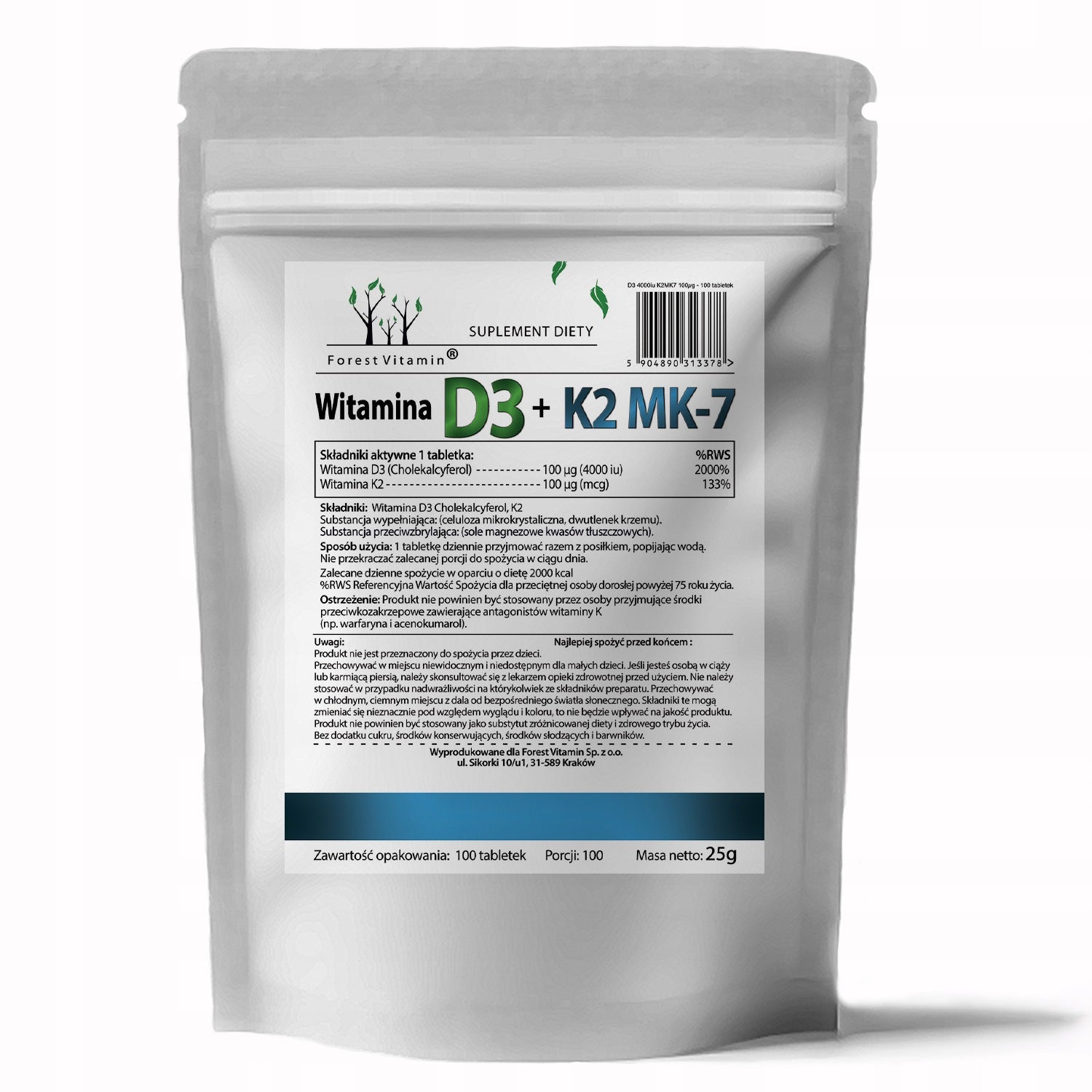 VITAMIN D3 4000 IU + K2 MK-7 100 MCG 100 TABLETS FORTE FOREST VITAMIN Medical device no
