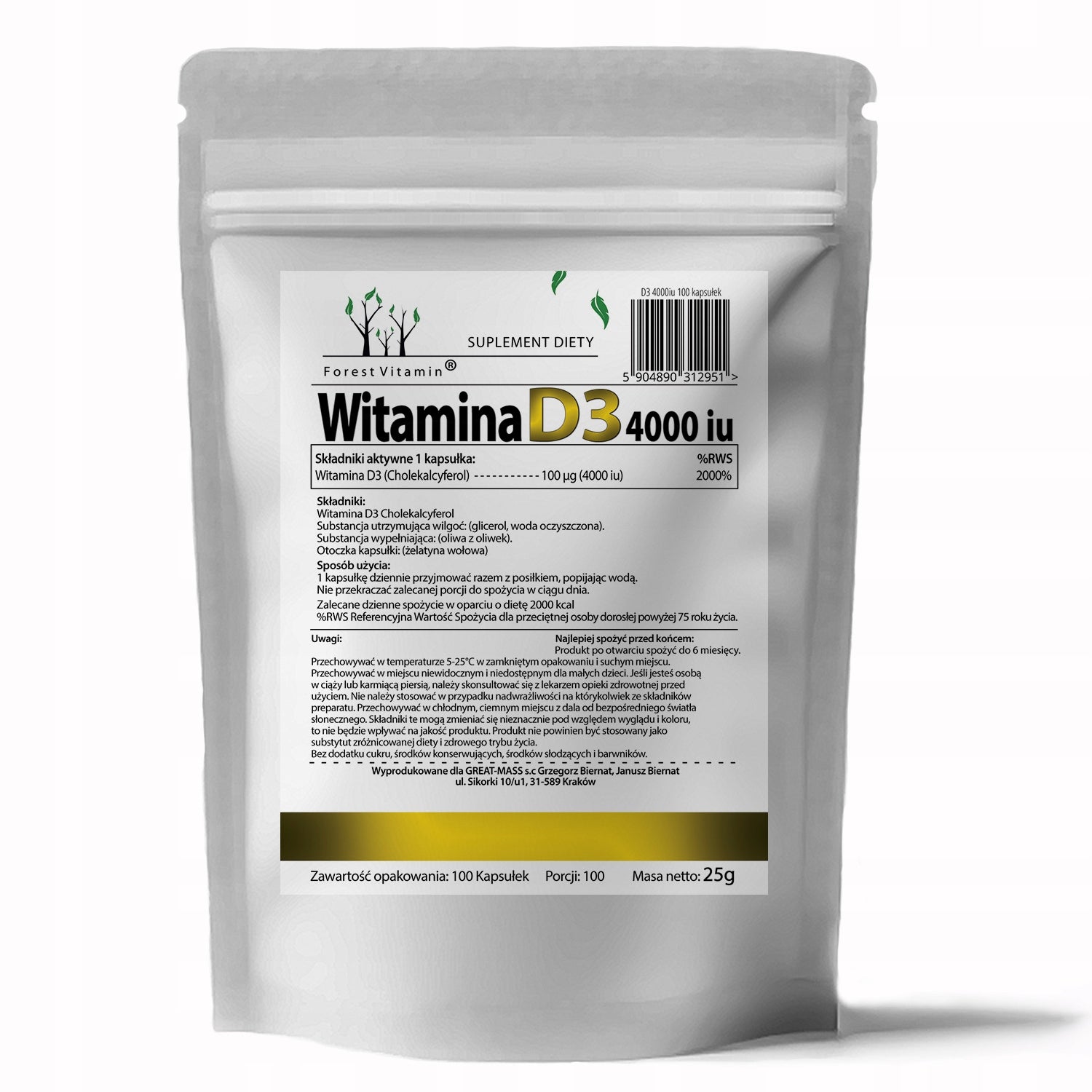VITAMIN D3 4000 IU SOFTGEL 100caps HIGH DOSE CHOLECALCIFEROL IMMUNITY Brand Forest Vitamin