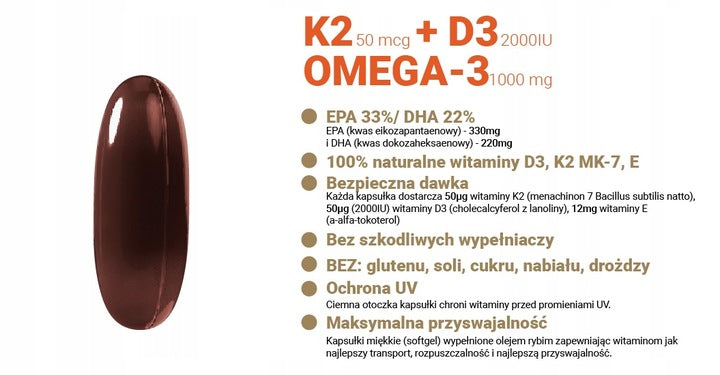 VITAMIN K2 MK-7 + D3 2000IU + OMEGA-3 + VITAMIN E Alto Pharma 90 kaps. Expiration date at least six months from the date of purchase