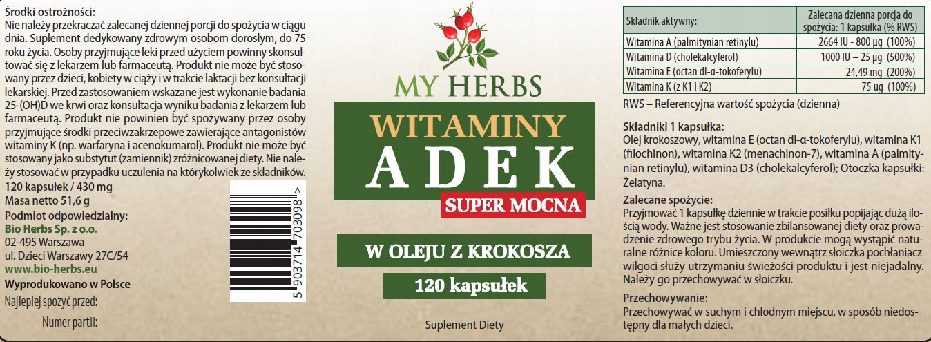 VITAMINS ADEK SUPER STRONG IN SAFFLOWER OIL 120 KAPS. Brand Bio Herbs