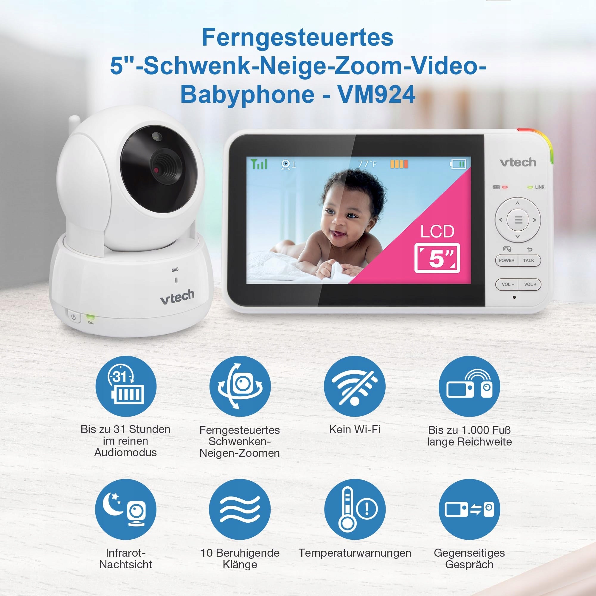 VTECH VM924 Babyfon Camera 5 Inch Video Monitor 31h Battery 300m Range Packaging status original