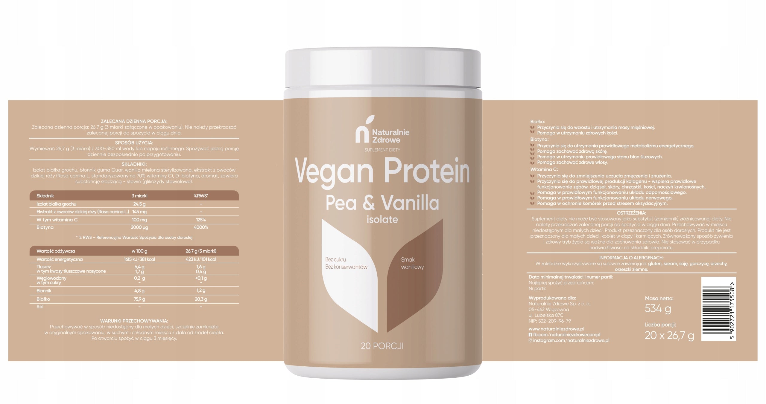 Vegan Pea Protein Isolate Vanilla Flavour Without Sugar 20 Servings 534 g Expiration date at least 3 months from the date of purchase