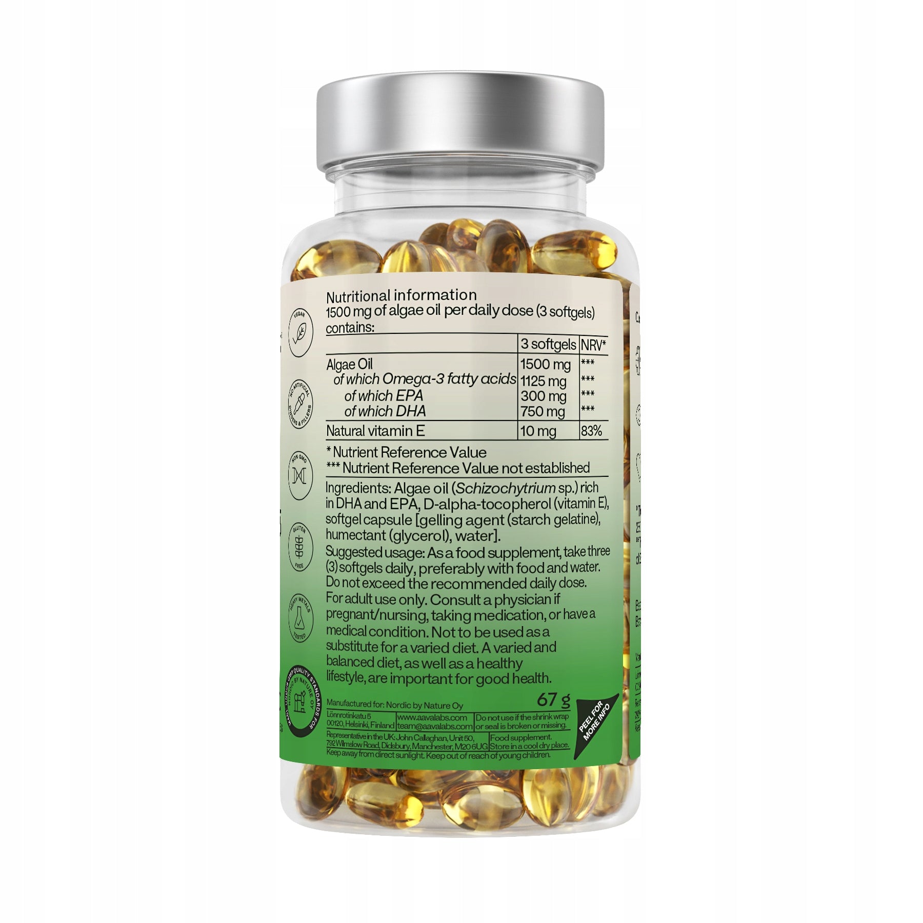 Vegan omega 3 from algae (DHA + EPA) – heart, brain 90 capsules | Aavalabs Packaging status original