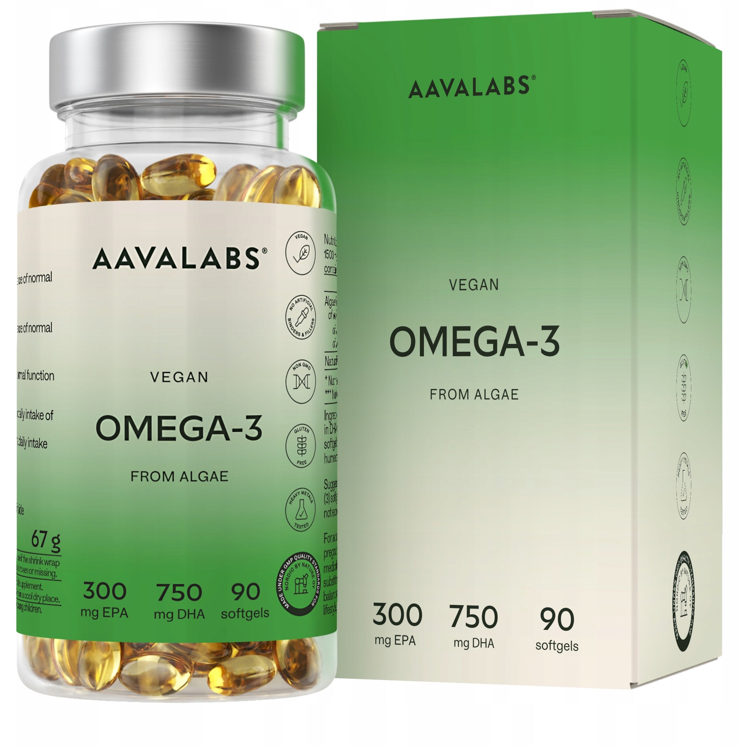 Vegan omega 3 from algae (DHA + EPA) – heart, brain 90 capsules | Aavalabs
