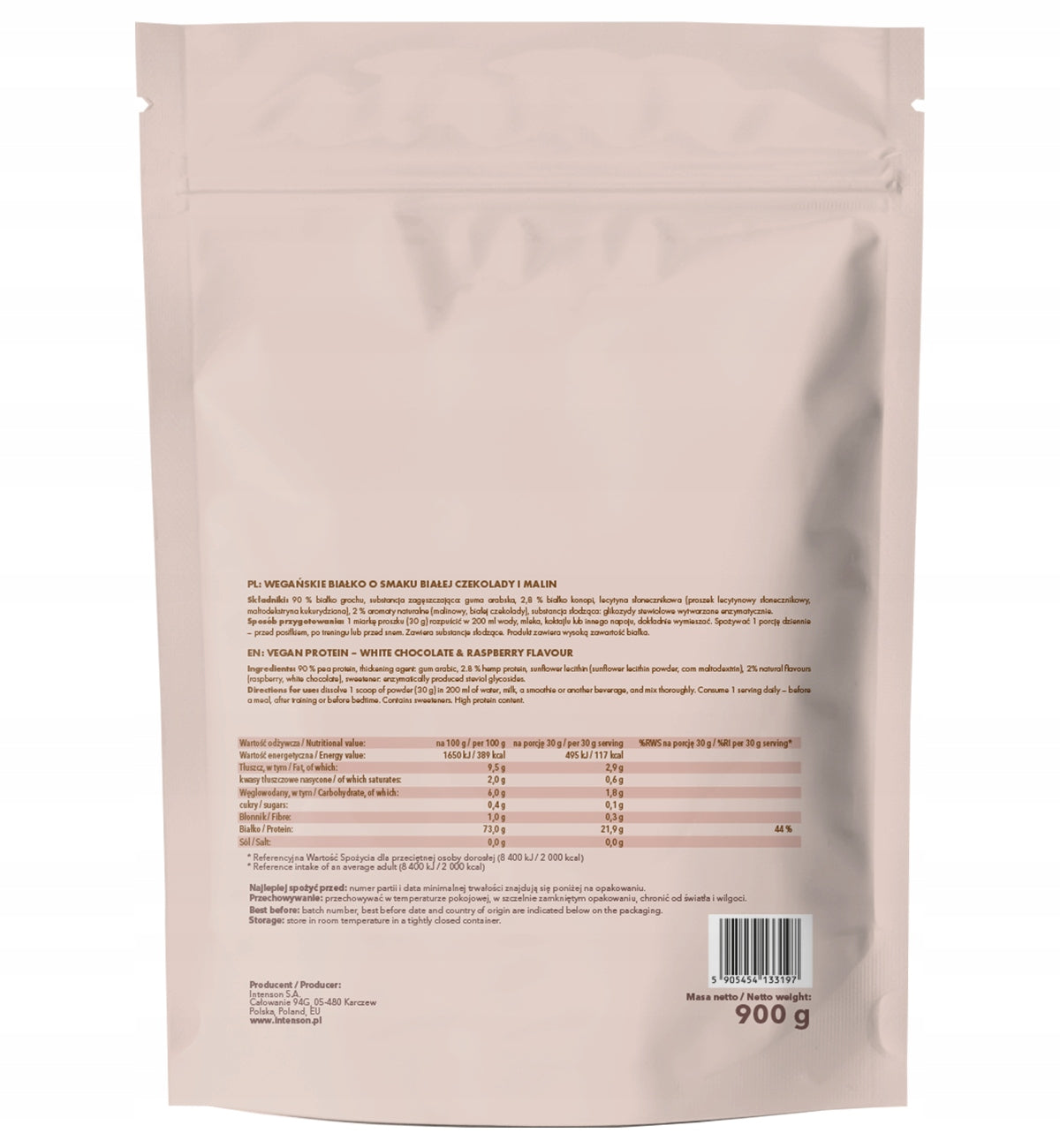 Vegetable protein Intenson PEA PROTEIN 0,9KG VEGAN White chocolate raspberry Expiration date not specified