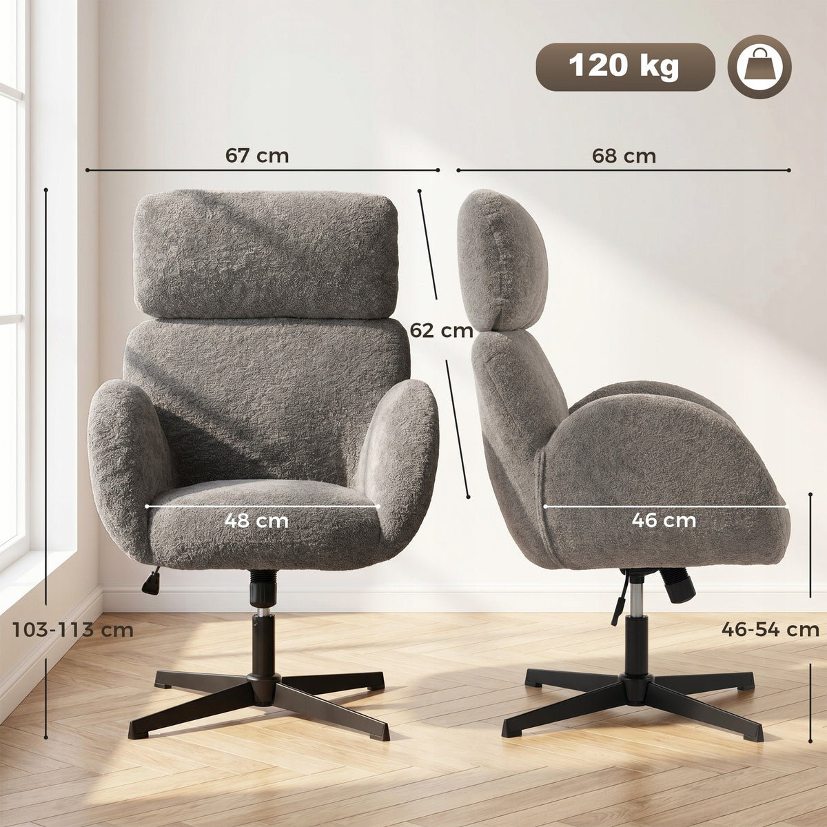 Velour office chair with backrest and rocking function, adjustable, grey Packaging status original