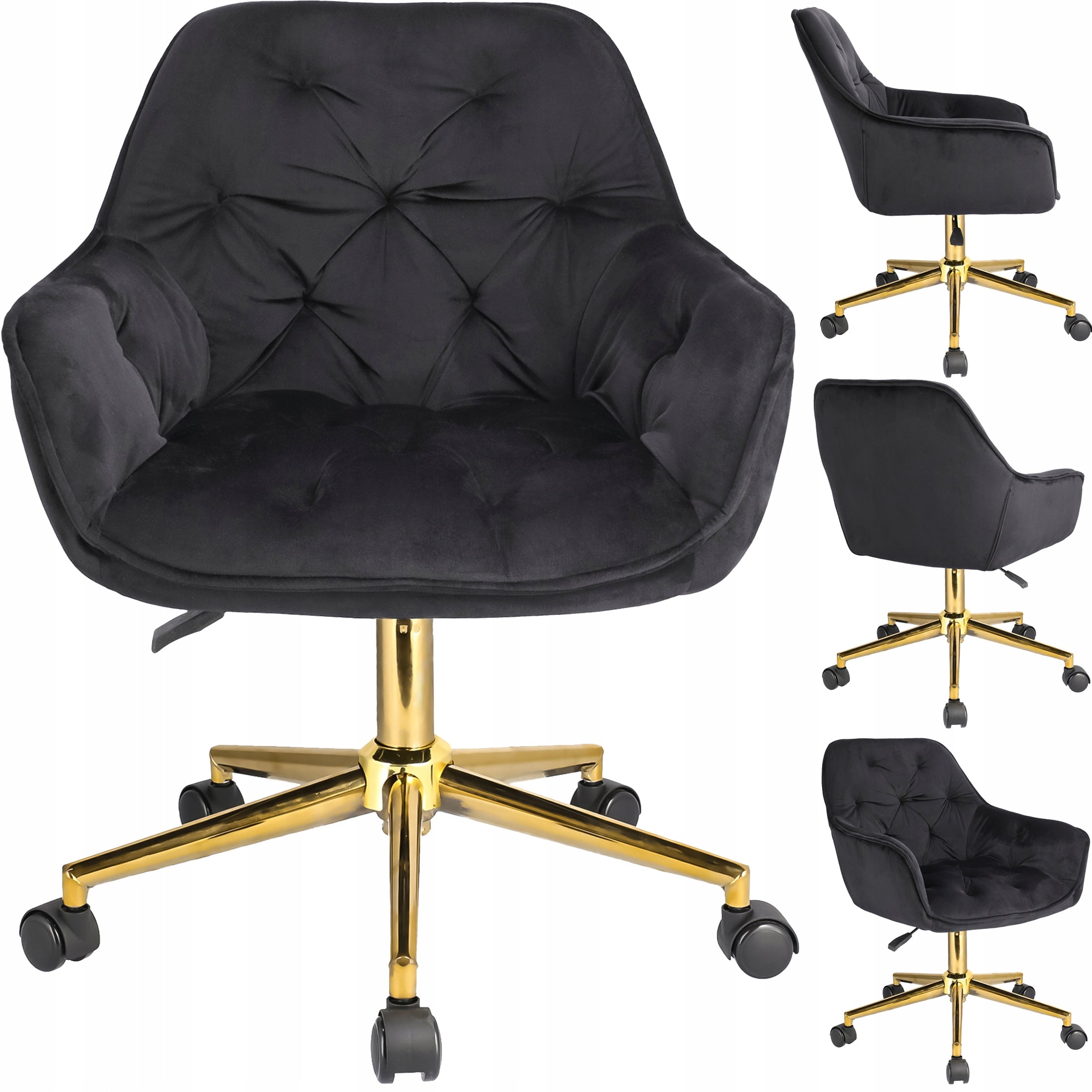 Velvet armchair UPHOLSTERED for living room QUILTED LARGO black on gold foot